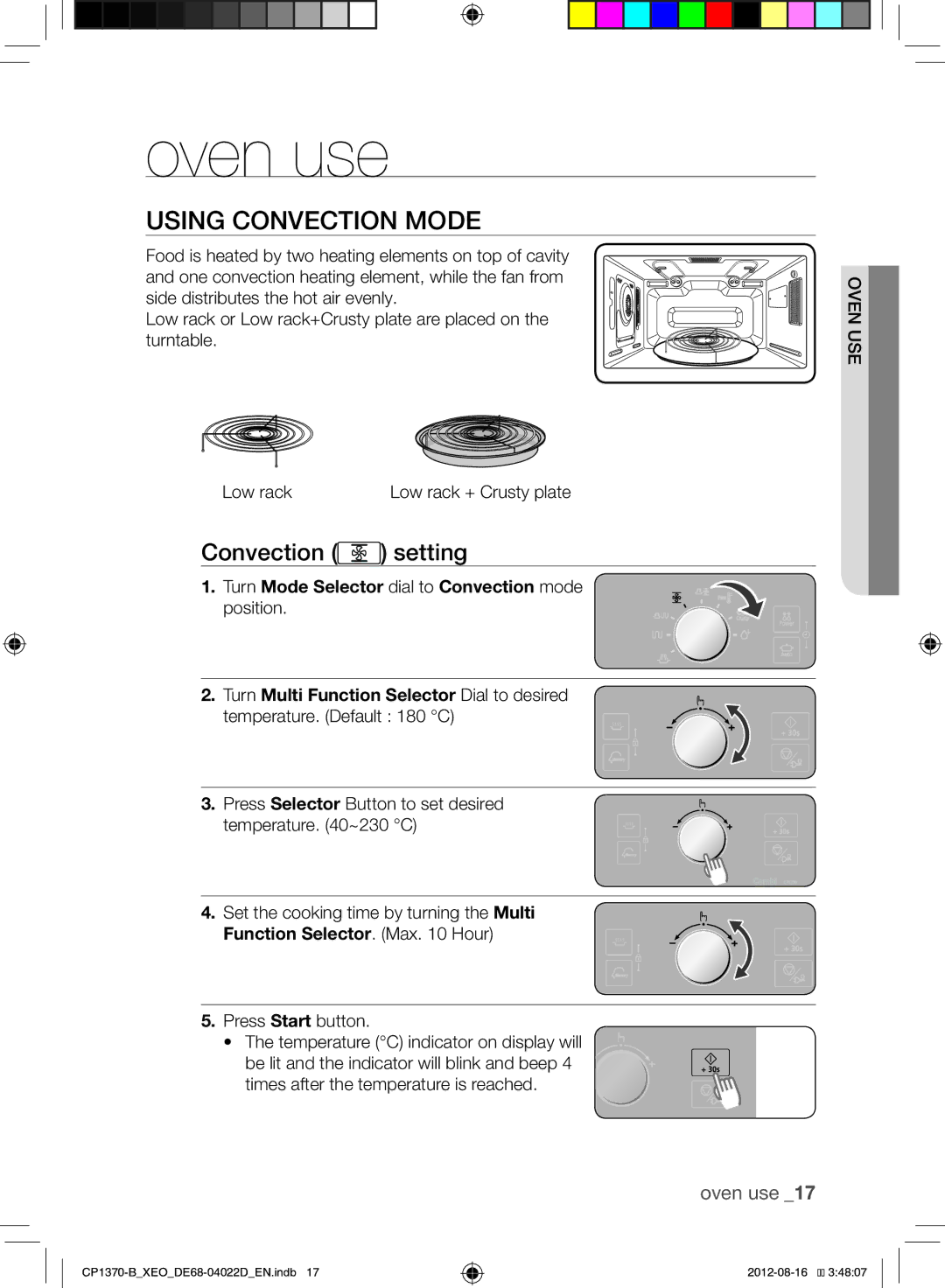 Samsung CP1370-B/XEO manual Oven use, Using Convection Mode, Convection setting, Low rack + Crusty plate 