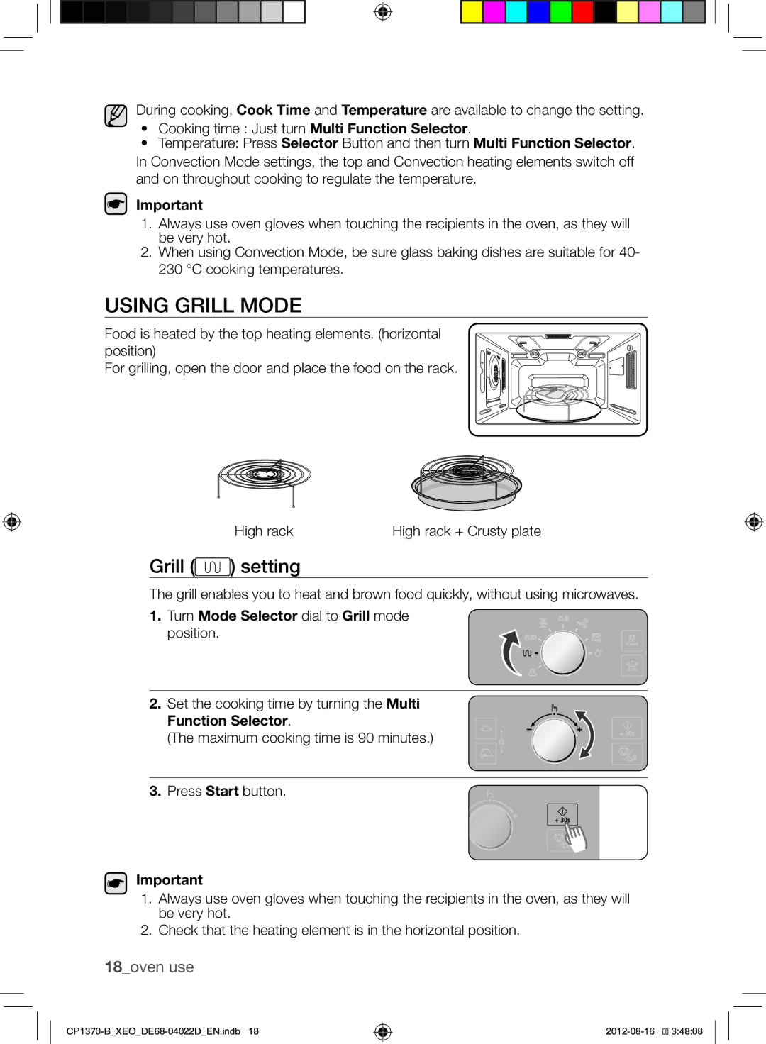 Samsung CP1370-B/XEO manual Using Grill Mode, Grill setting, 18oven use, Turn Mode Selector dial to Grill mode position 