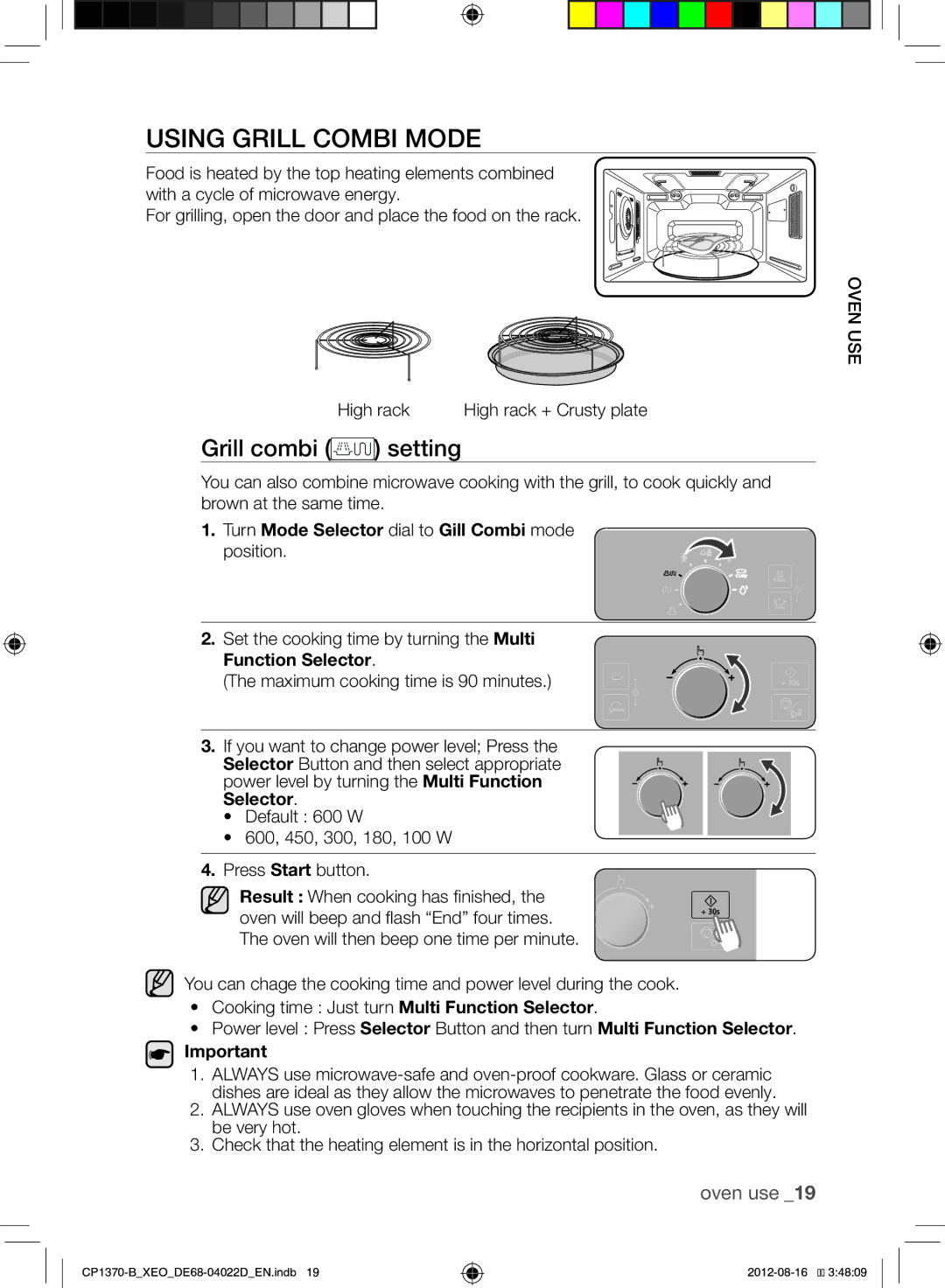 Samsung CP1370-B/XEO manual Using Grill Combi Mode, Grill combi setting, Turn Mode Selector dial to Gill Combi mode 