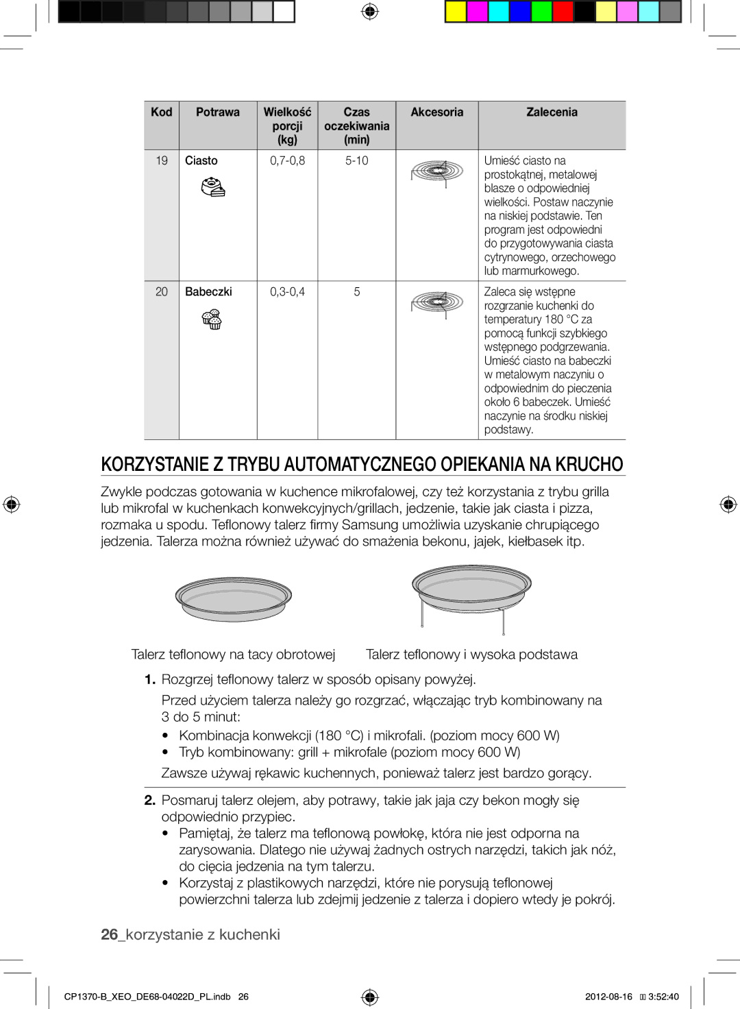 Samsung CP1370-B/XEO Korzystanie Z Trybu Automatycznego Opiekania NA Krucho, 26korzystanie z kuchenki, Akcesoria Zalecenia 