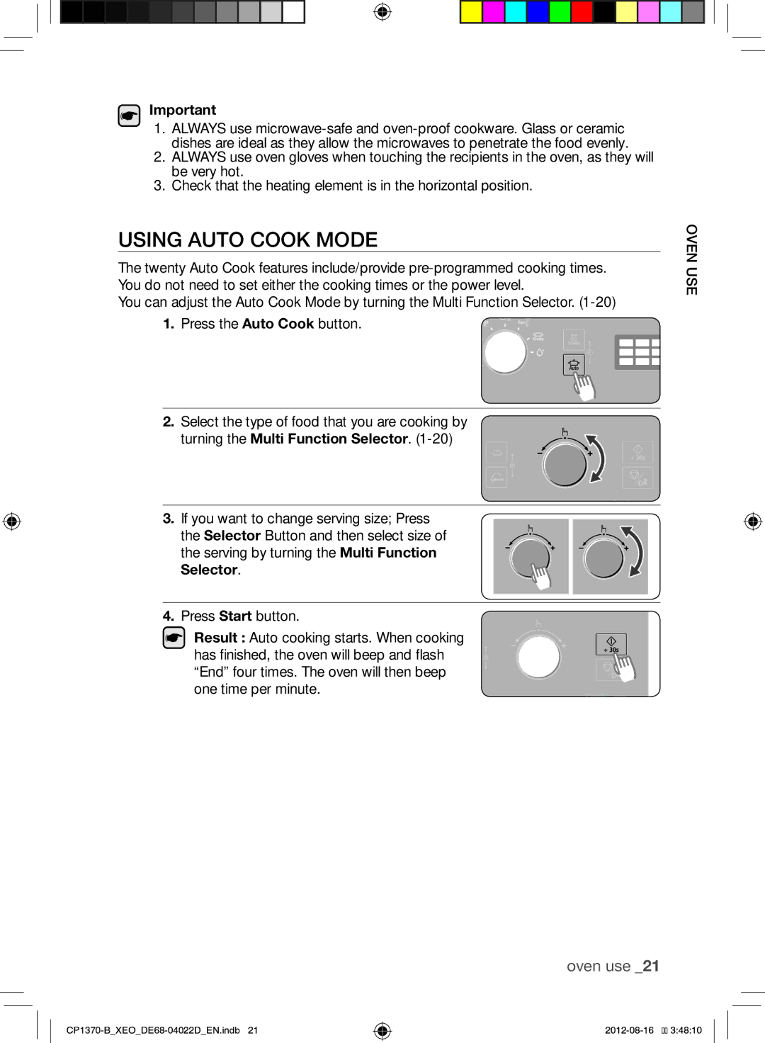 Samsung CP1370-B/XEO Using Auto Cook Mode, Turning the Multi Function Selector, If you want to change serving size Press 