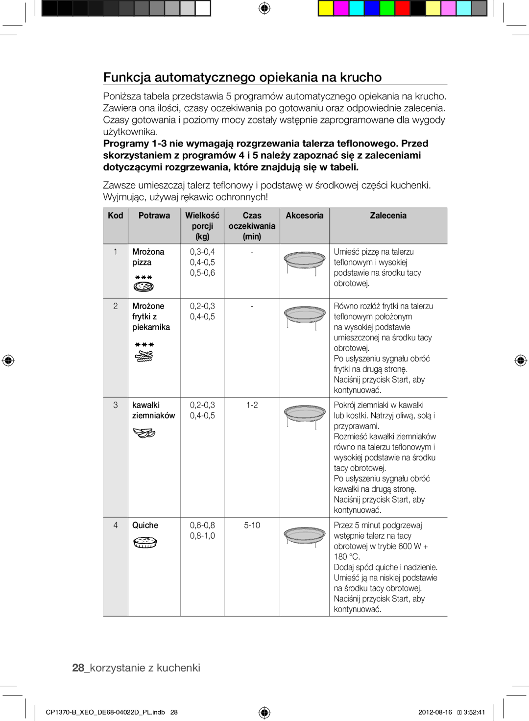 Samsung CP1370-B/XEO manual Funkcja automatycznego opiekania na krucho, 28korzystanie z kuchenki 