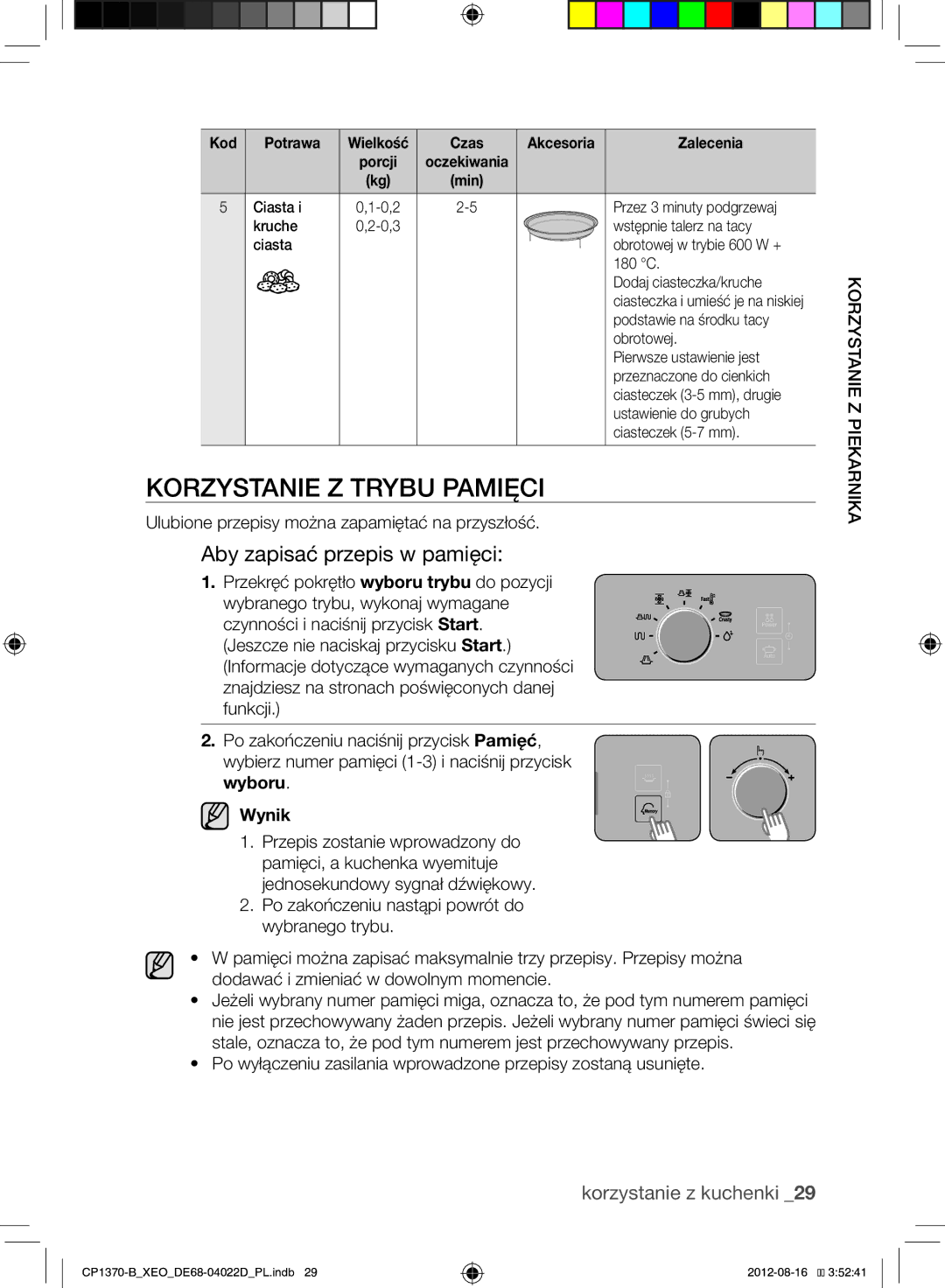 Samsung CP1370-B/XEO manual Korzystanie Z Trybu Pamięci, Aby zapisać przepis w pamięci, Wynik 