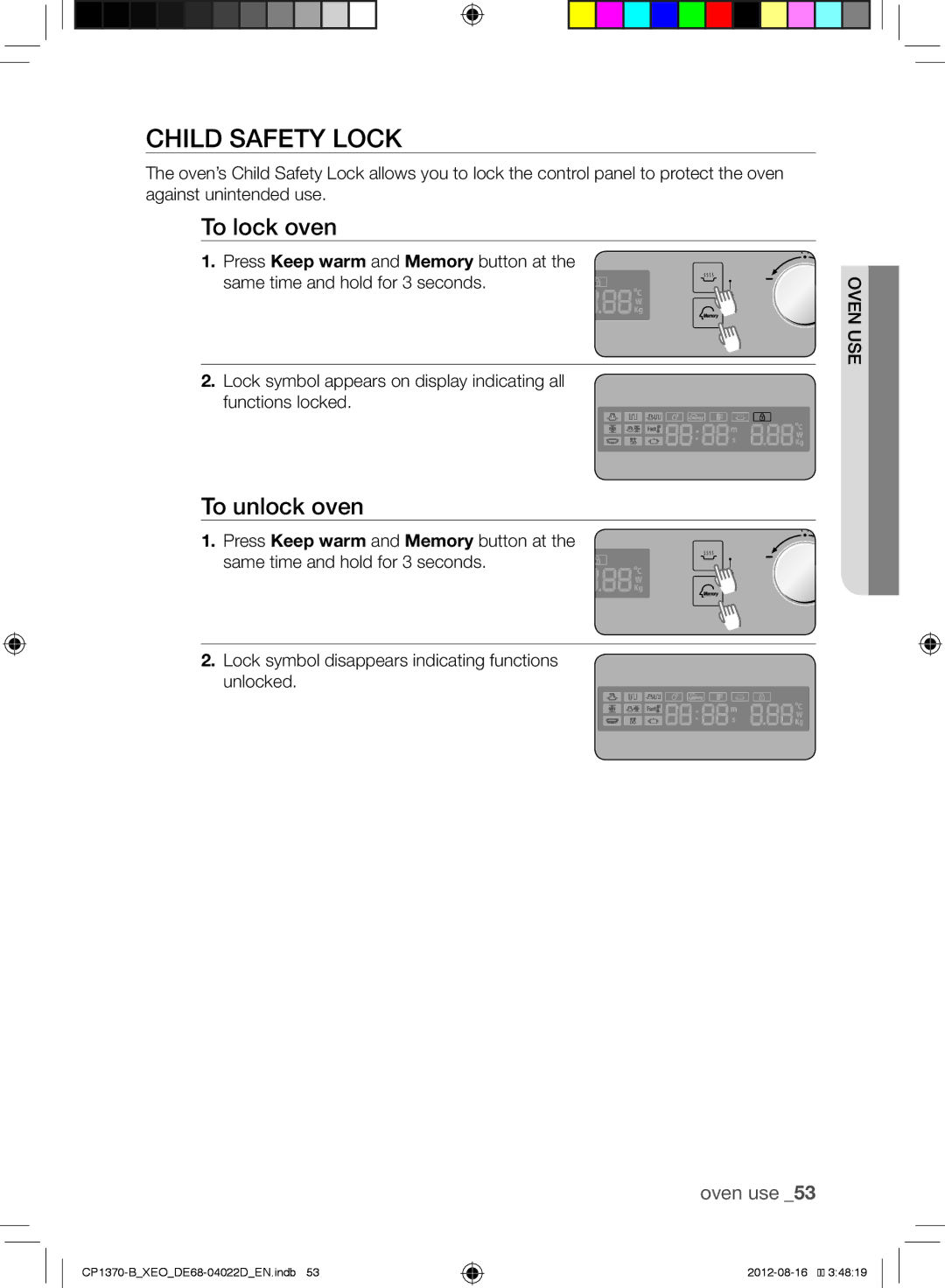 Samsung CP1370-B/XEO Child Safety Lock, To lock oven, To unlock oven, Lock symbol disappears indicating functions unlocked 