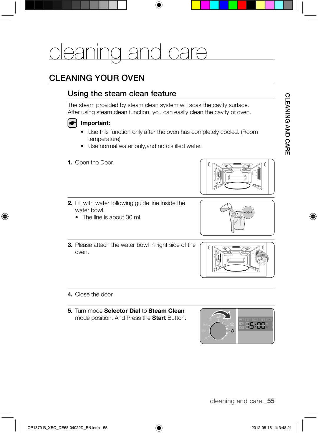 Samsung CP1370-B/XEO manual Cleaning and care, Cleaning Your Oven, Using the steam clean feature 