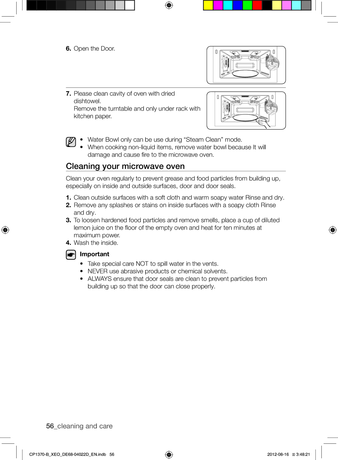 Samsung CP1370-B/XEO manual Cleaning your microwave oven, 56cleaning and care 