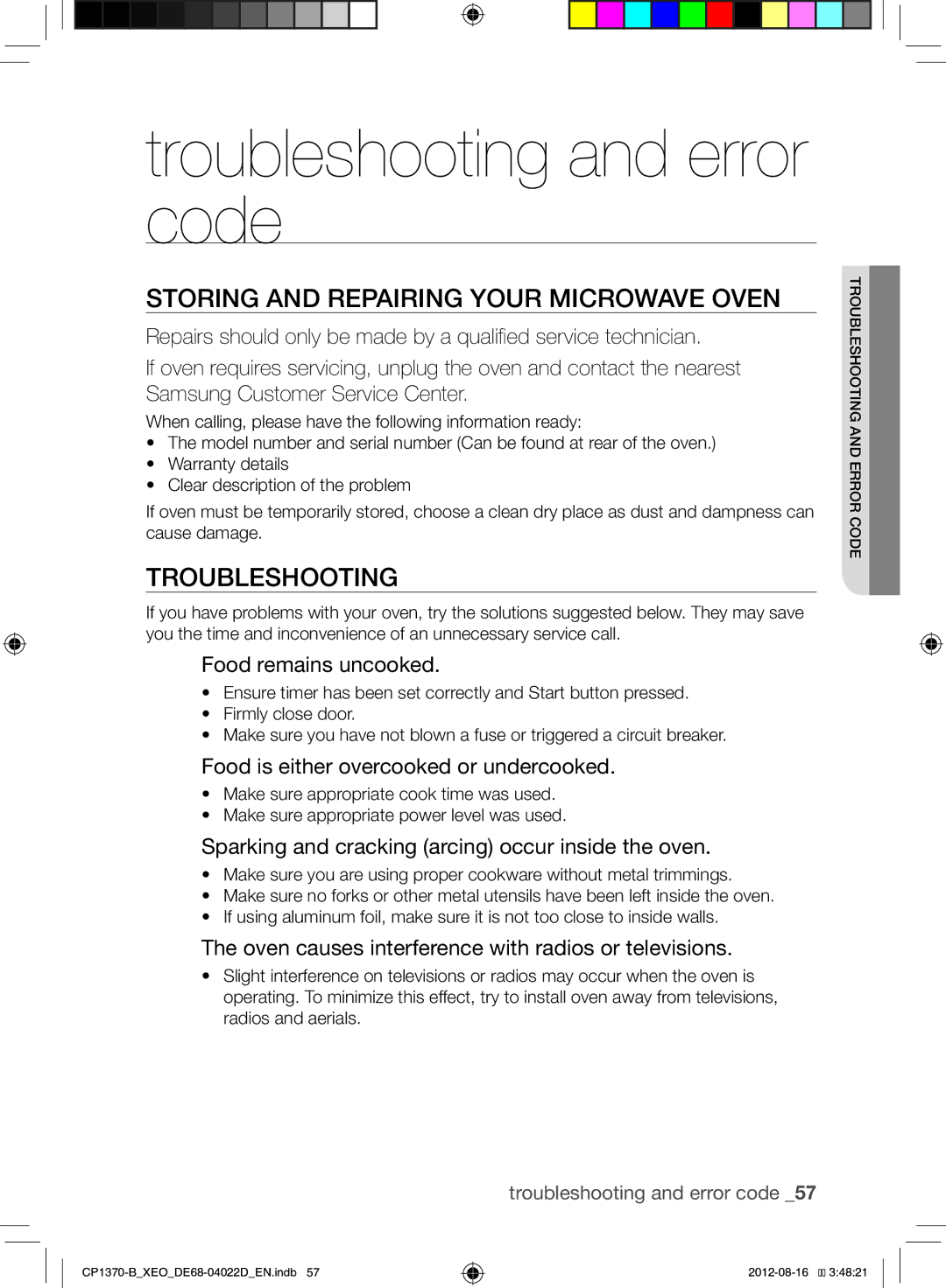 Samsung CP1370-B/XEO manual Troubleshooting and error code, Storing and Repairing Your Microwave Oven 