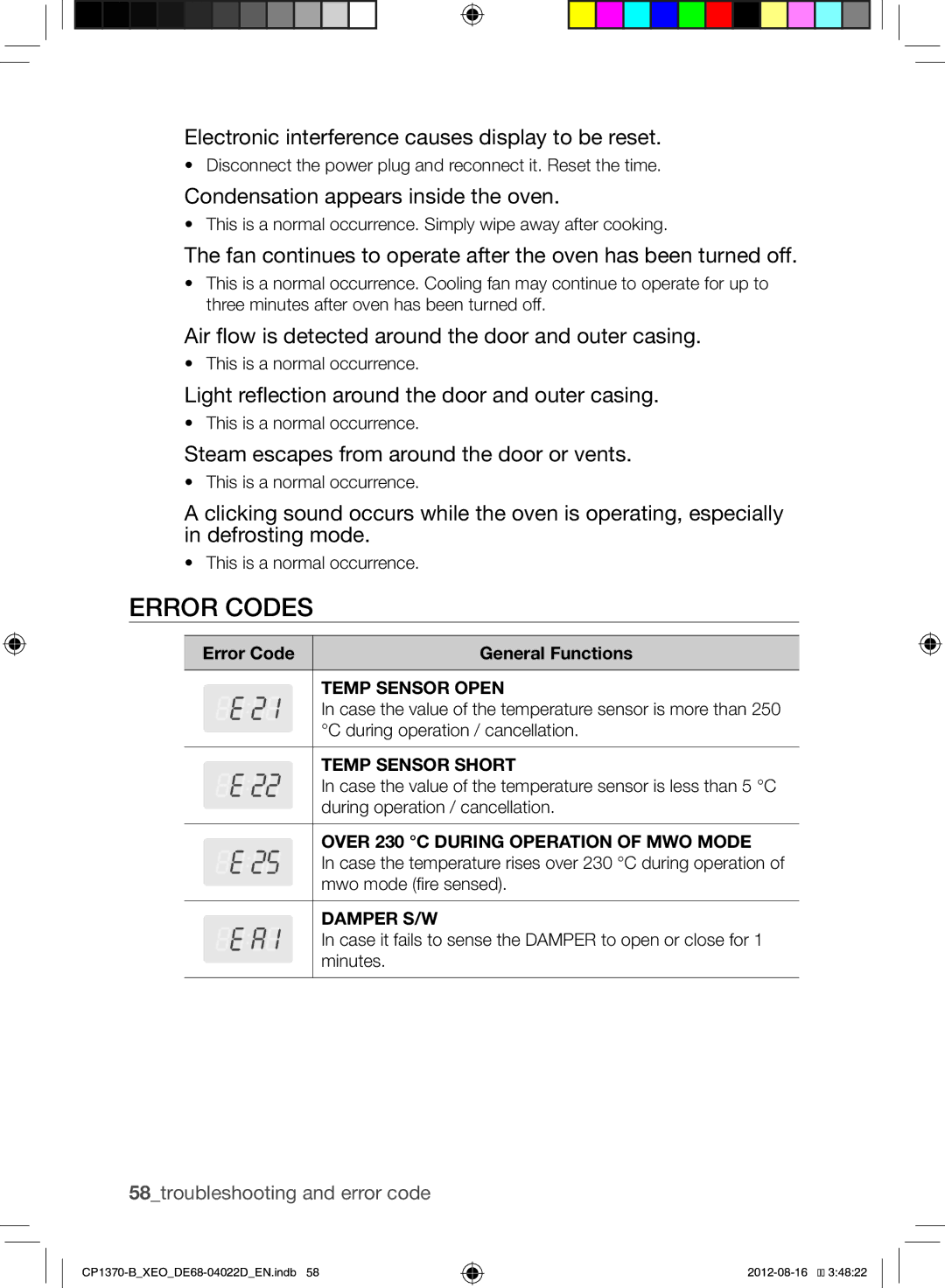 Samsung CP1370-B/XEO manual Error Codes 