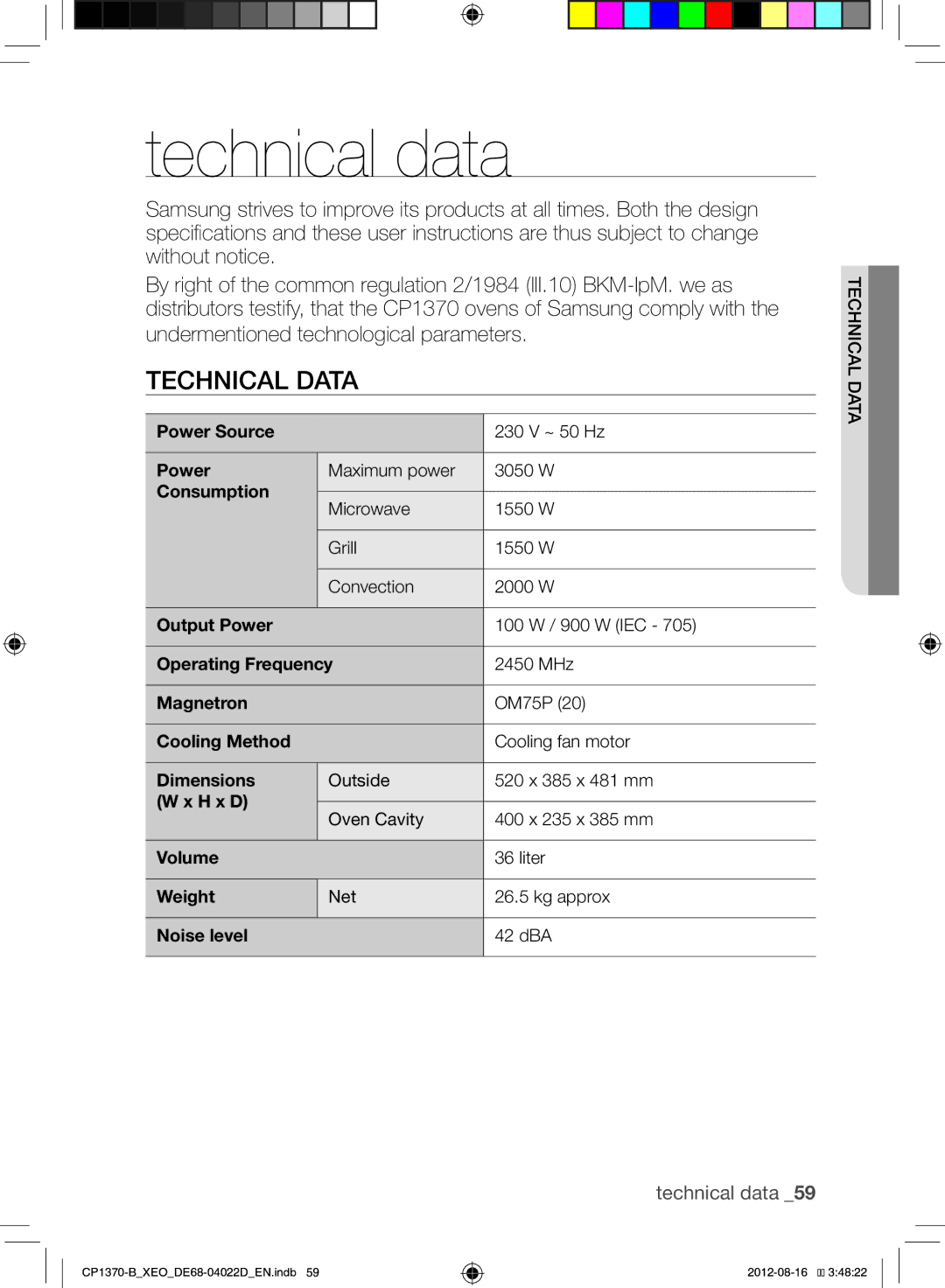 Samsung CP1370-B/XEO manual Technical data, Technical Data, Undermentioned technological parameters 