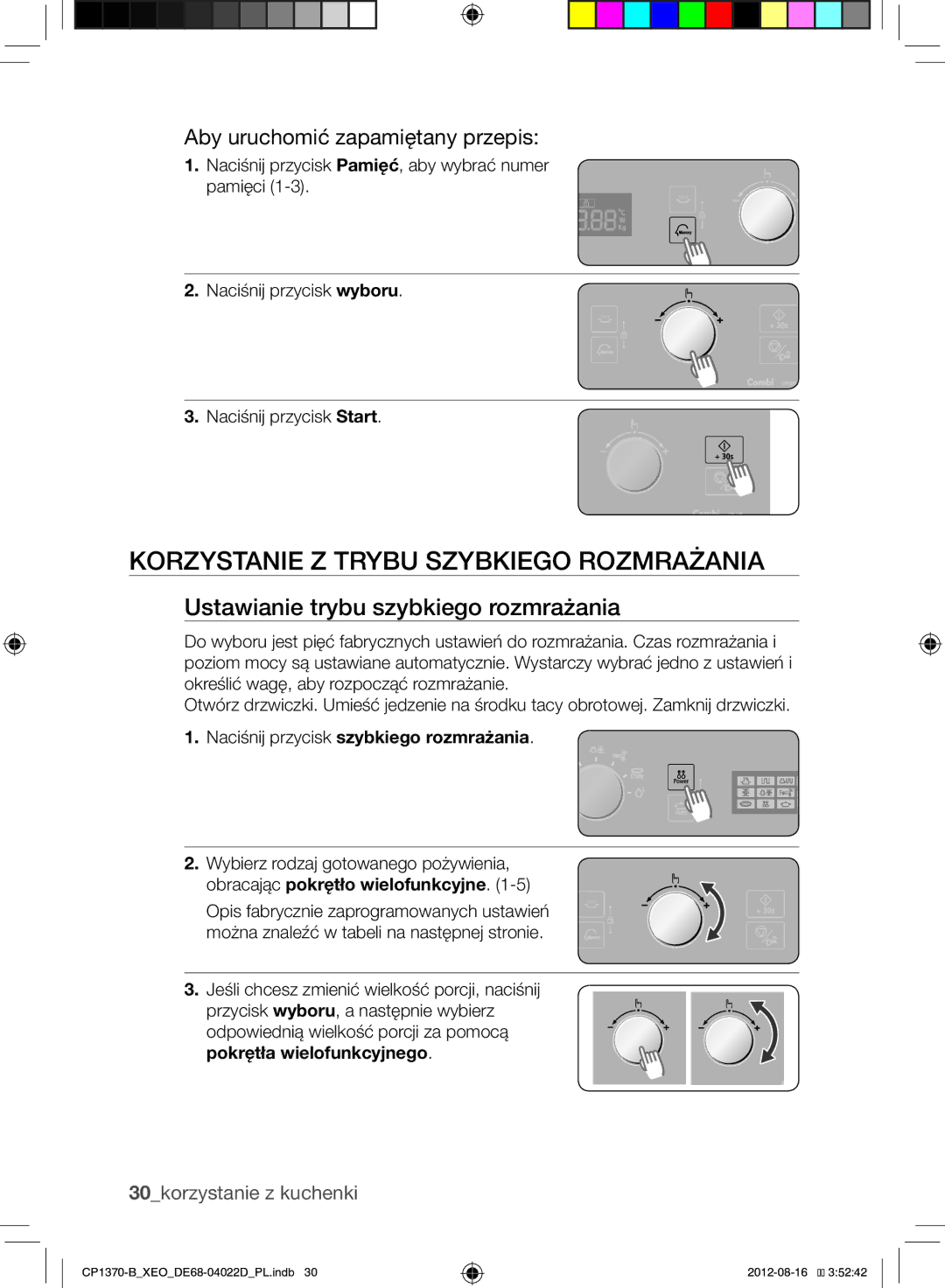 Samsung CP1370-B/XEO manual Korzystanie Z Trybu Szybkiego Rozmrażania, Ustawianie trybu szybkiego rozmrażania 