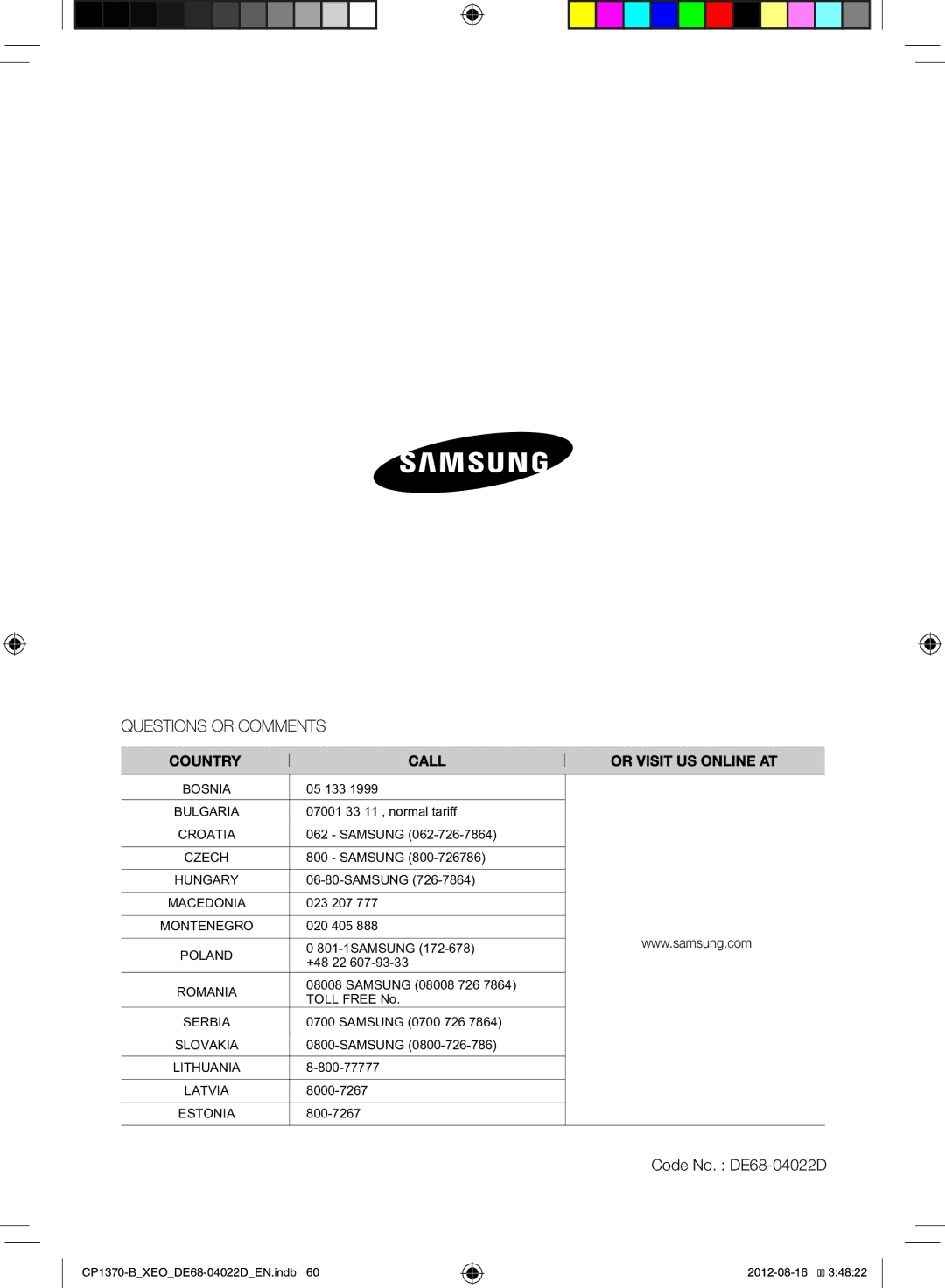 Samsung CP1370-B/XEO manual Code No. DE68-04022D 