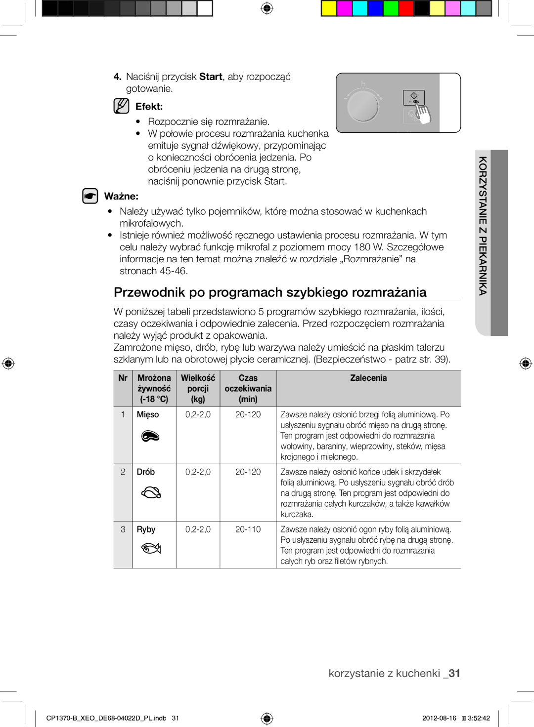 Samsung CP1370-B/XEO Przewodnik po programach szybkiego rozmrażania, Naciśnij przycisk Start, aby rozpocząć Gotowanie 