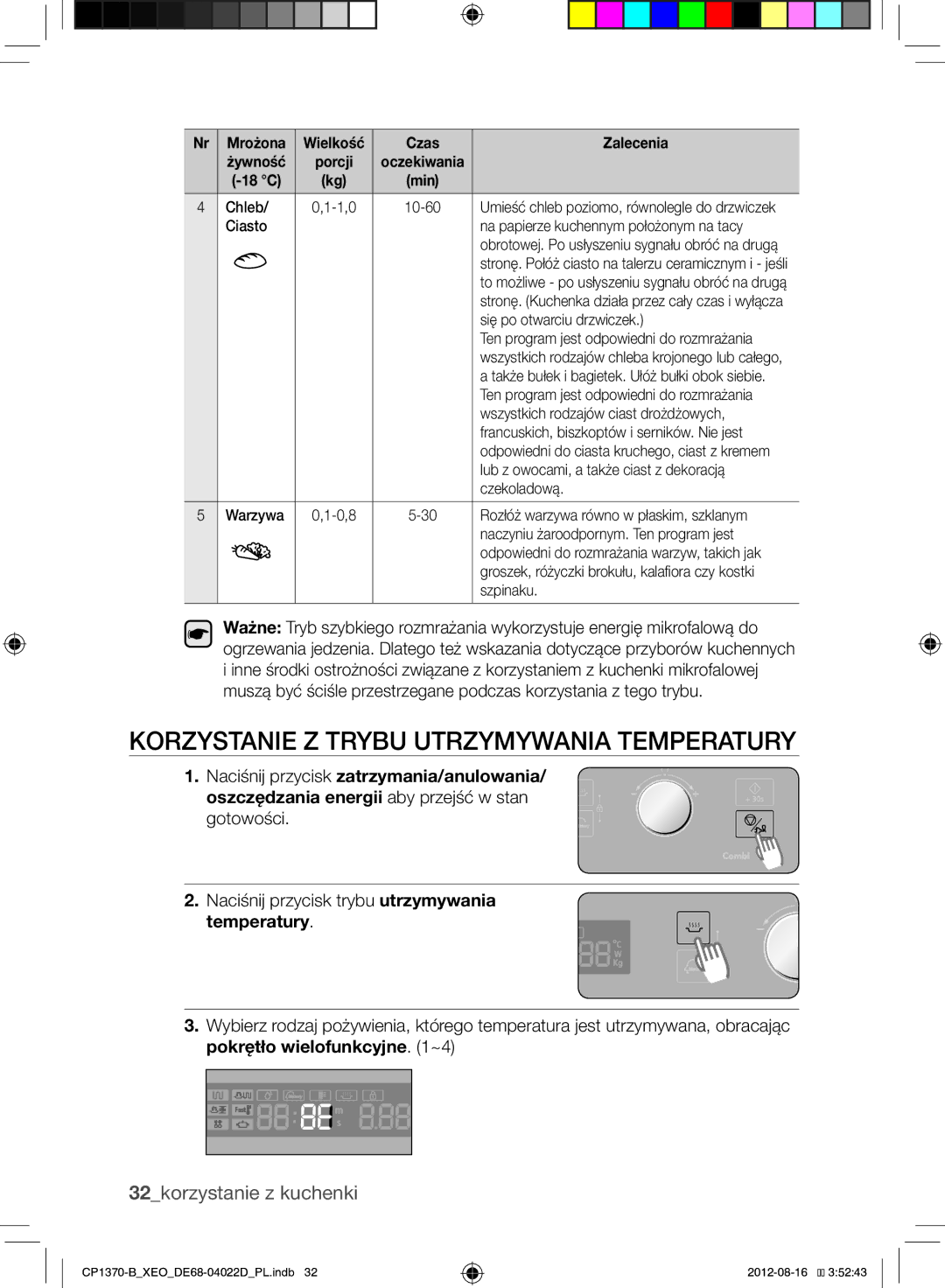 Samsung CP1370-B/XEO manual Korzystanie Z Trybu Utrzymywania Temperatury, 32korzystanie z kuchenki 