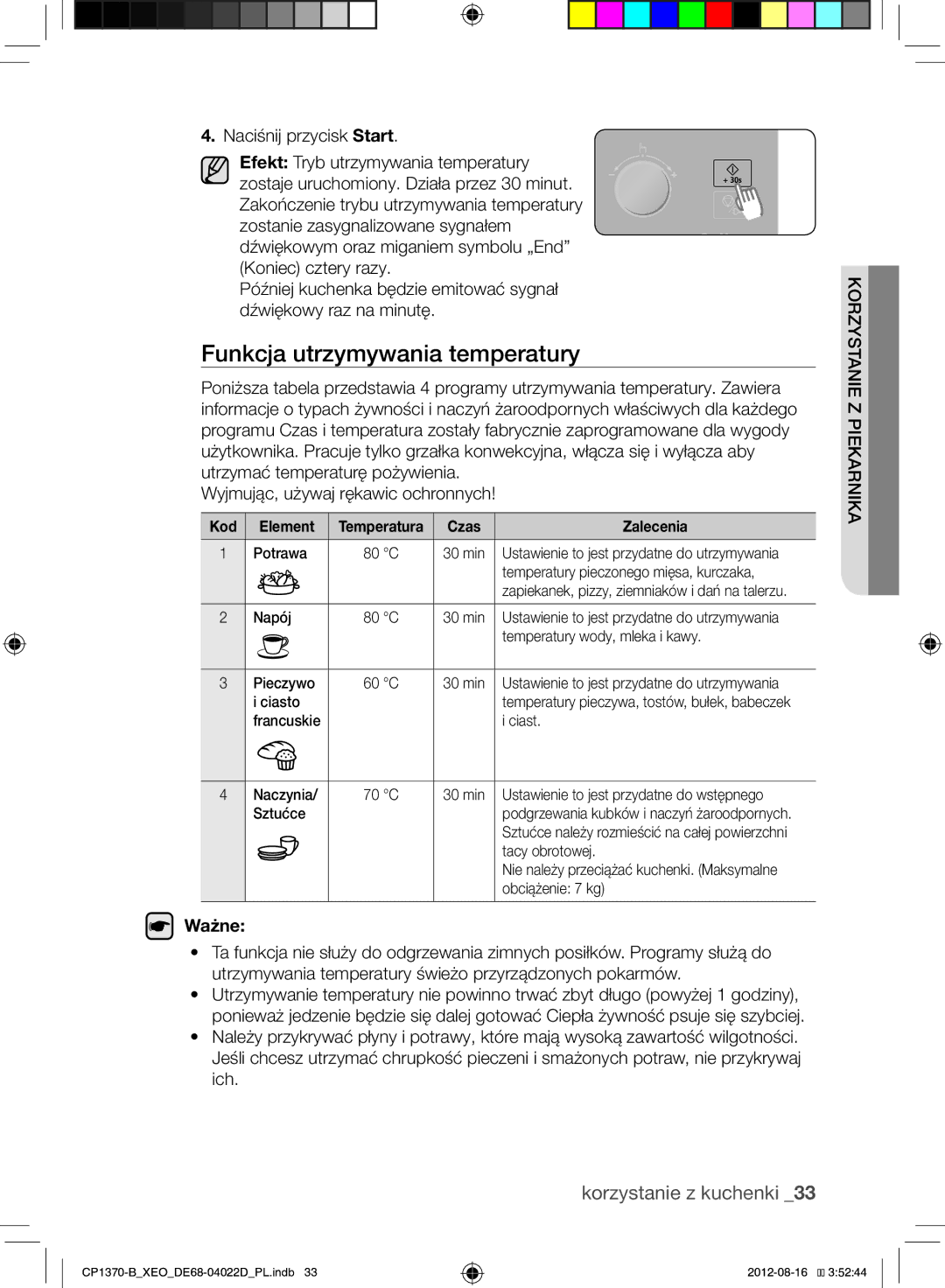 Samsung CP1370-B/XEO manual Funkcja utrzymywania temperatury, Element 