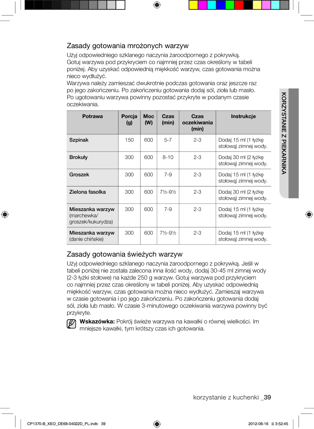 Samsung CP1370-B/XEO manual Zasady gotowania mrożonych warzyw, Zasady gotowania świeżych warzyw 