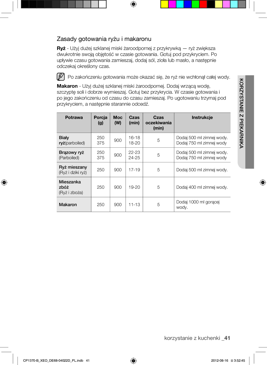 Samsung CP1370-B/XEO manual Zasady gotowania ryżu i makaronu, Biały 250, Dodaj 400 ml zimnej wody Ryż i zboża Makaron 250 