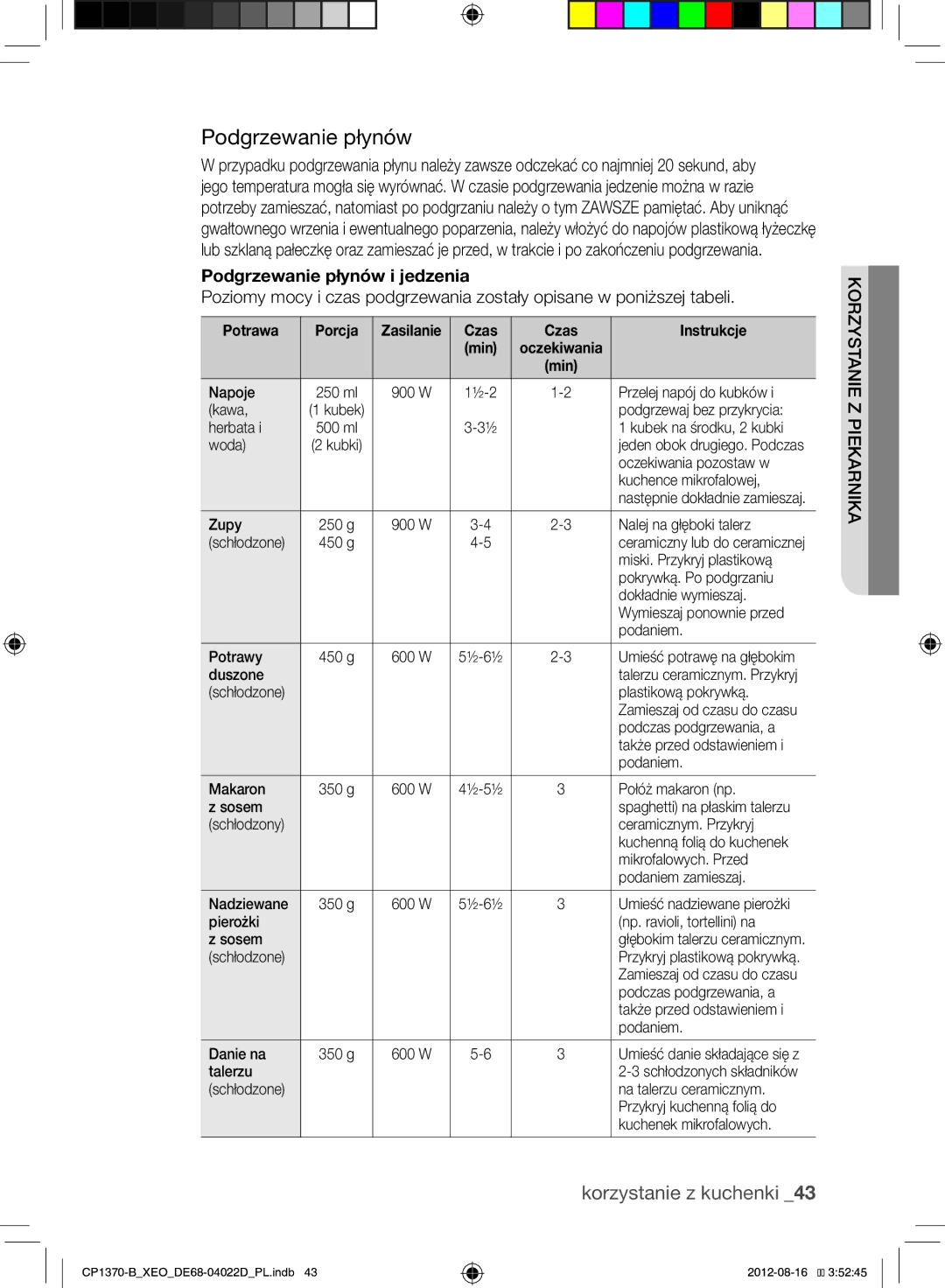 Samsung CP1370-B/XEO manual Podgrzewanie płynów i jedzenia, Potrawa Porcja, Czas Instrukcje Min 