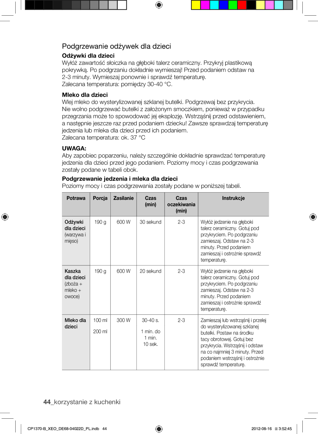 Samsung CP1370-B/XEO manual Podgrzewanie odżywek dla dzieci, 44korzystanie z kuchenki, Uwaga 