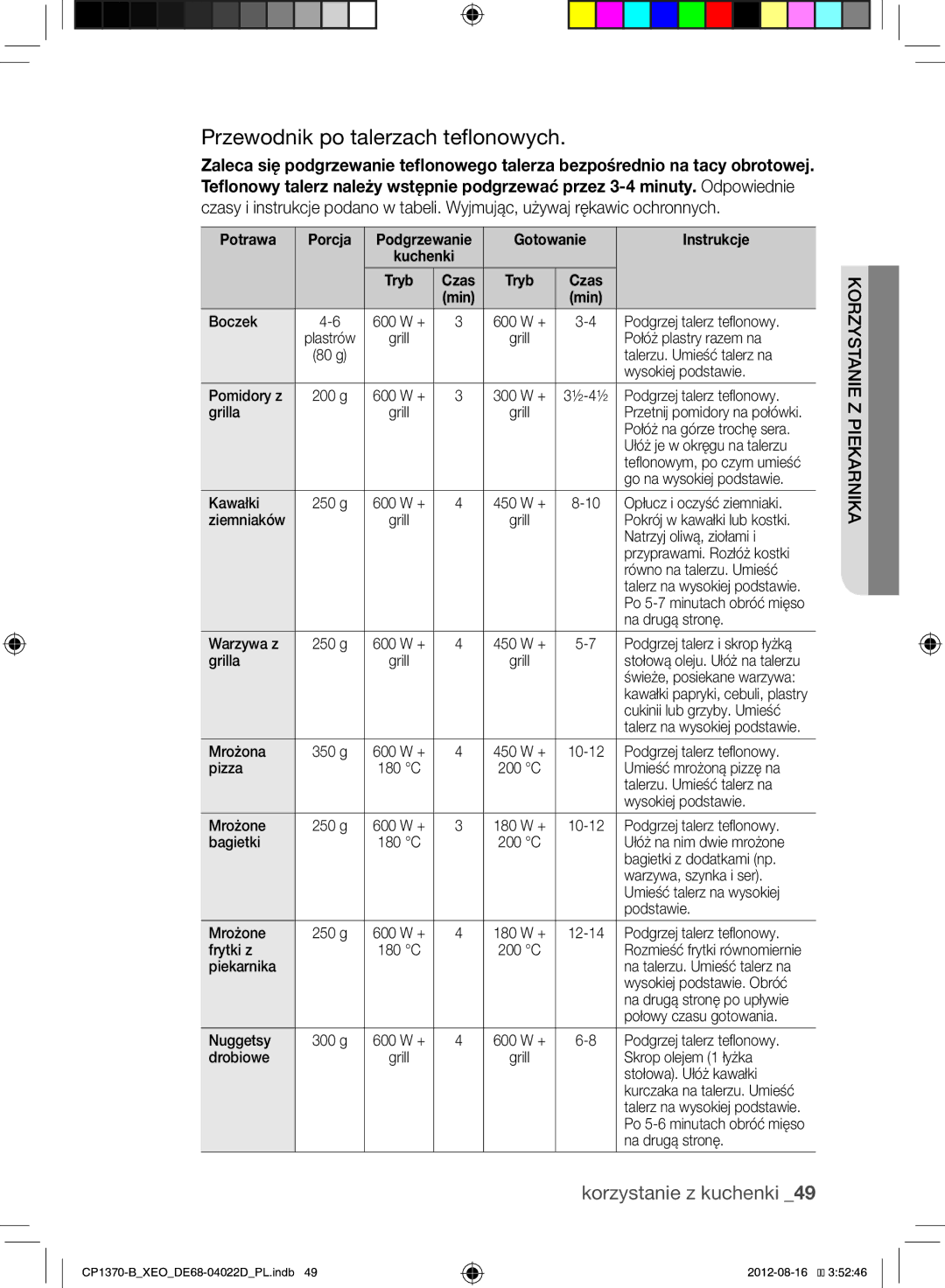 Samsung CP1370-B/XEO manual Przewodnik po talerzach teflonowych, Gotowanie Instrukcje 