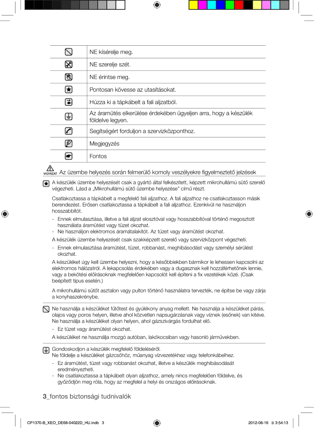 Samsung CP1370-B/XEO manual 3fontos biztonsági tudnivalók 