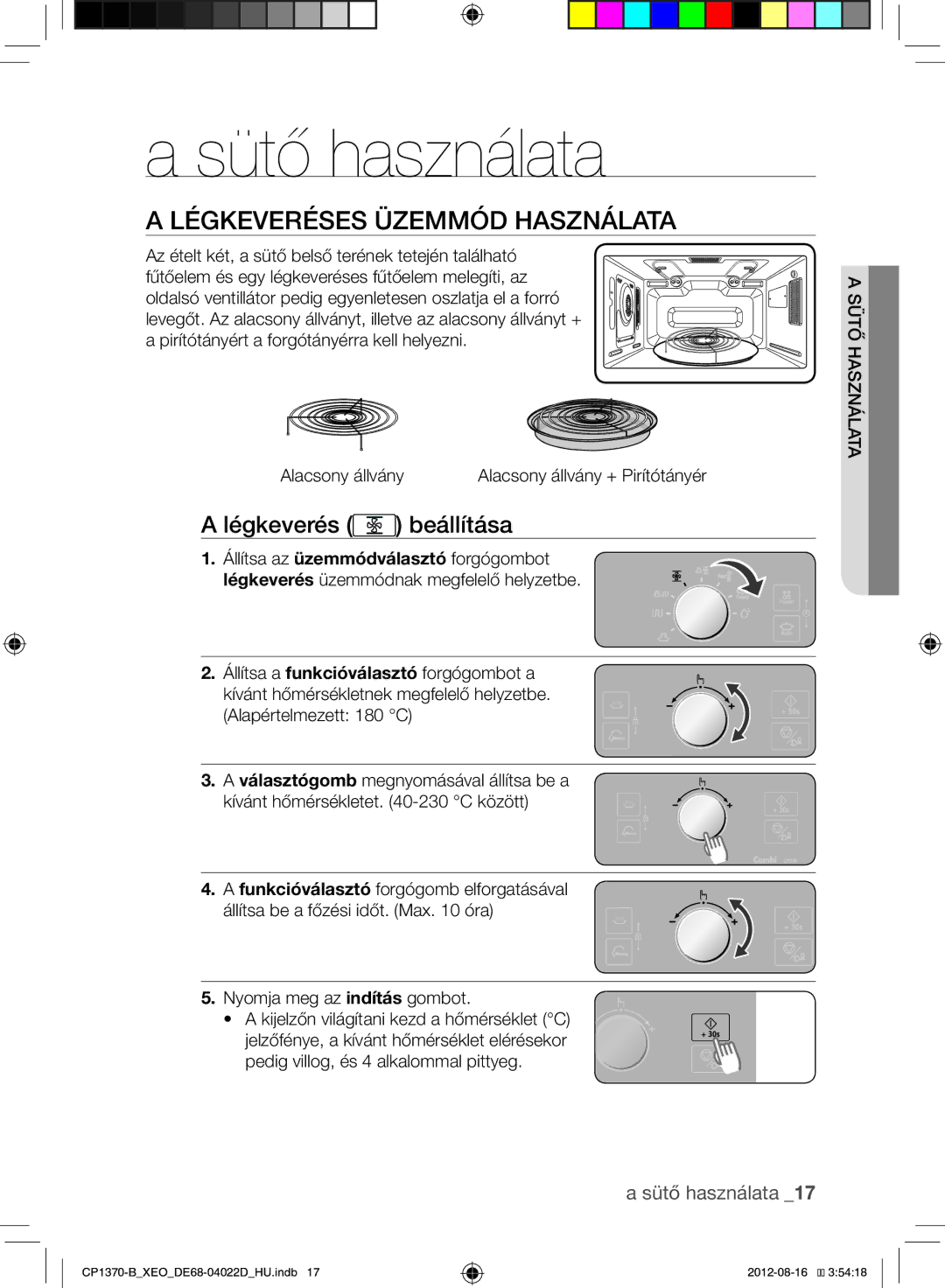 Samsung CP1370-B/XEO Sütő használata, Légkeveréses Üzemmód Használata, Légkeverés beállítása, Nyomja meg az indítás gombot 