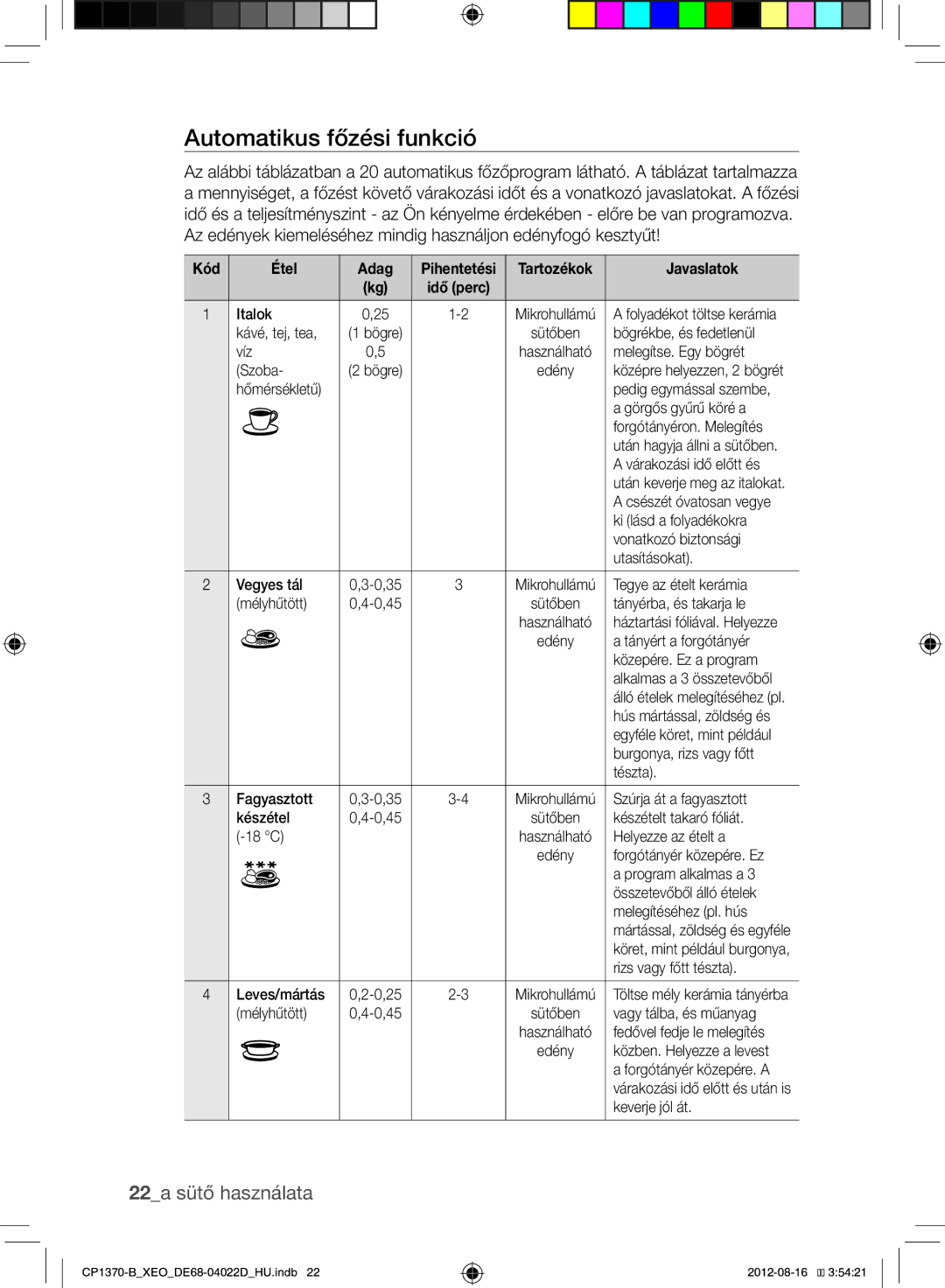 Samsung CP1370-B/XEO manual Automatikus főzési funkció, 22a sütő használata, Kód Étel Adag, Javaslatok 