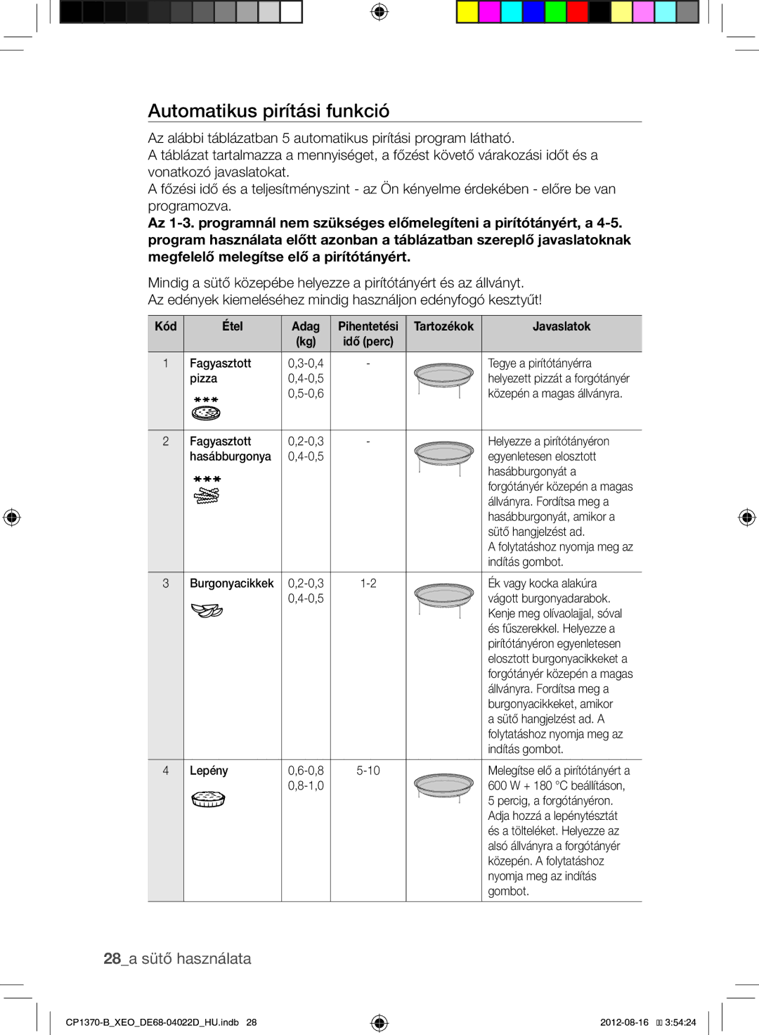 Samsung CP1370-B/XEO manual Automatikus pirítási funkció, 28a sütő használata 