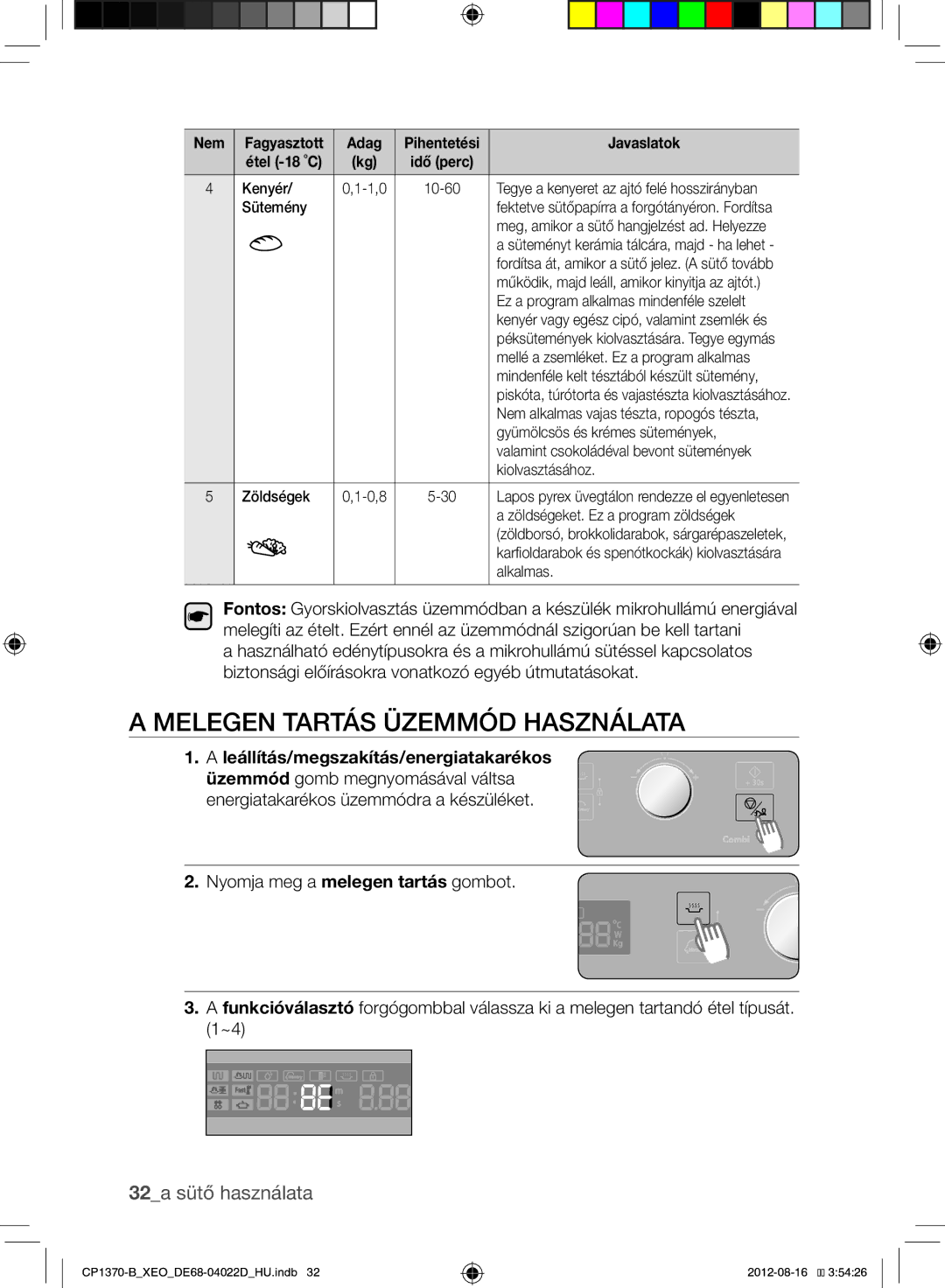 Samsung CP1370-B/XEO Melegen Tartás Üzemmód Használata, 32a sütő használata, Kenyér, Zöldségeket. Ez a program zöldségek 