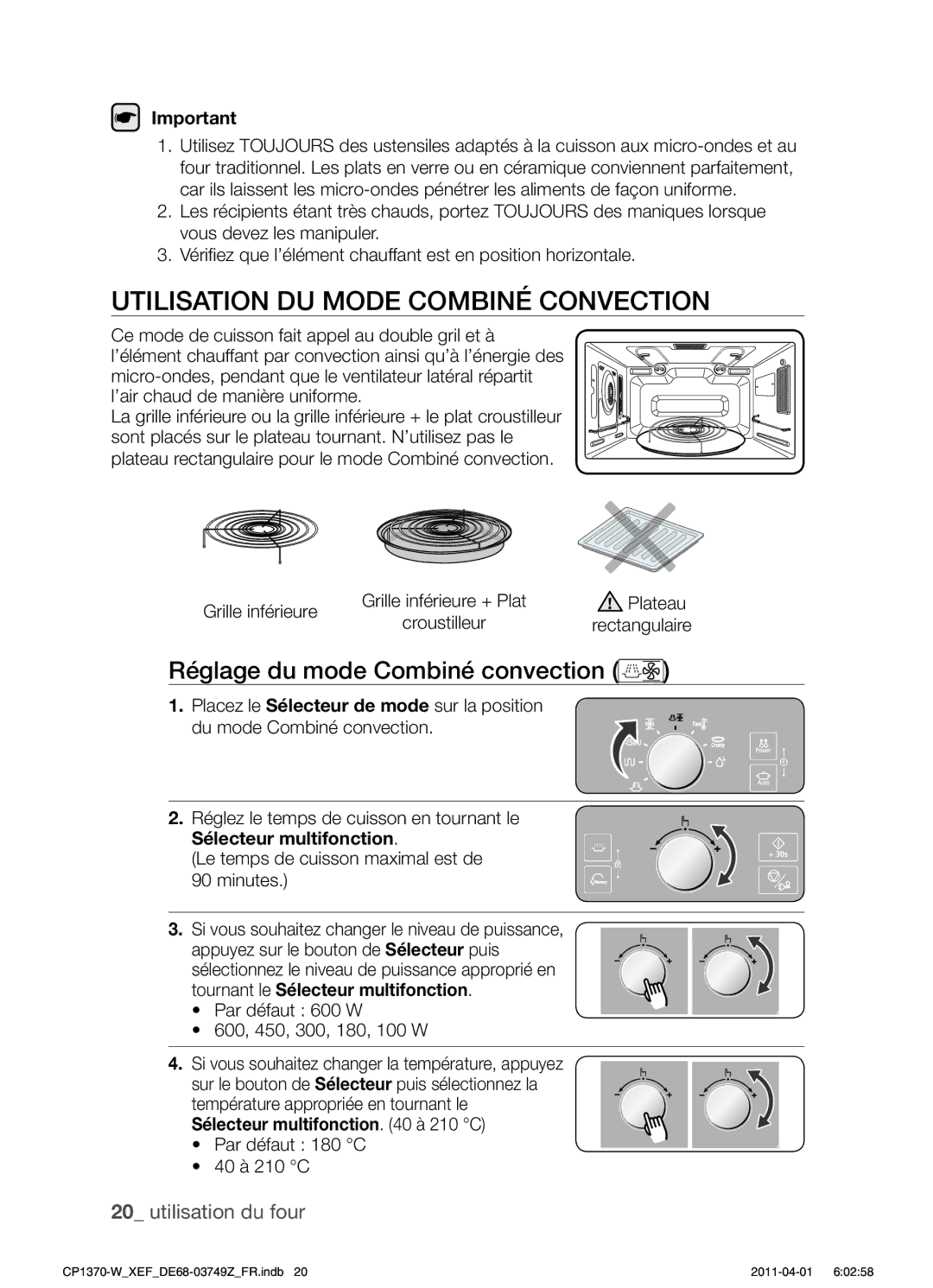 Samsung CP1370-W/XEF Utilisation DU Mode Combiné Convection, Réglage du mode Combiné convection, Grille inférieure + Plat 