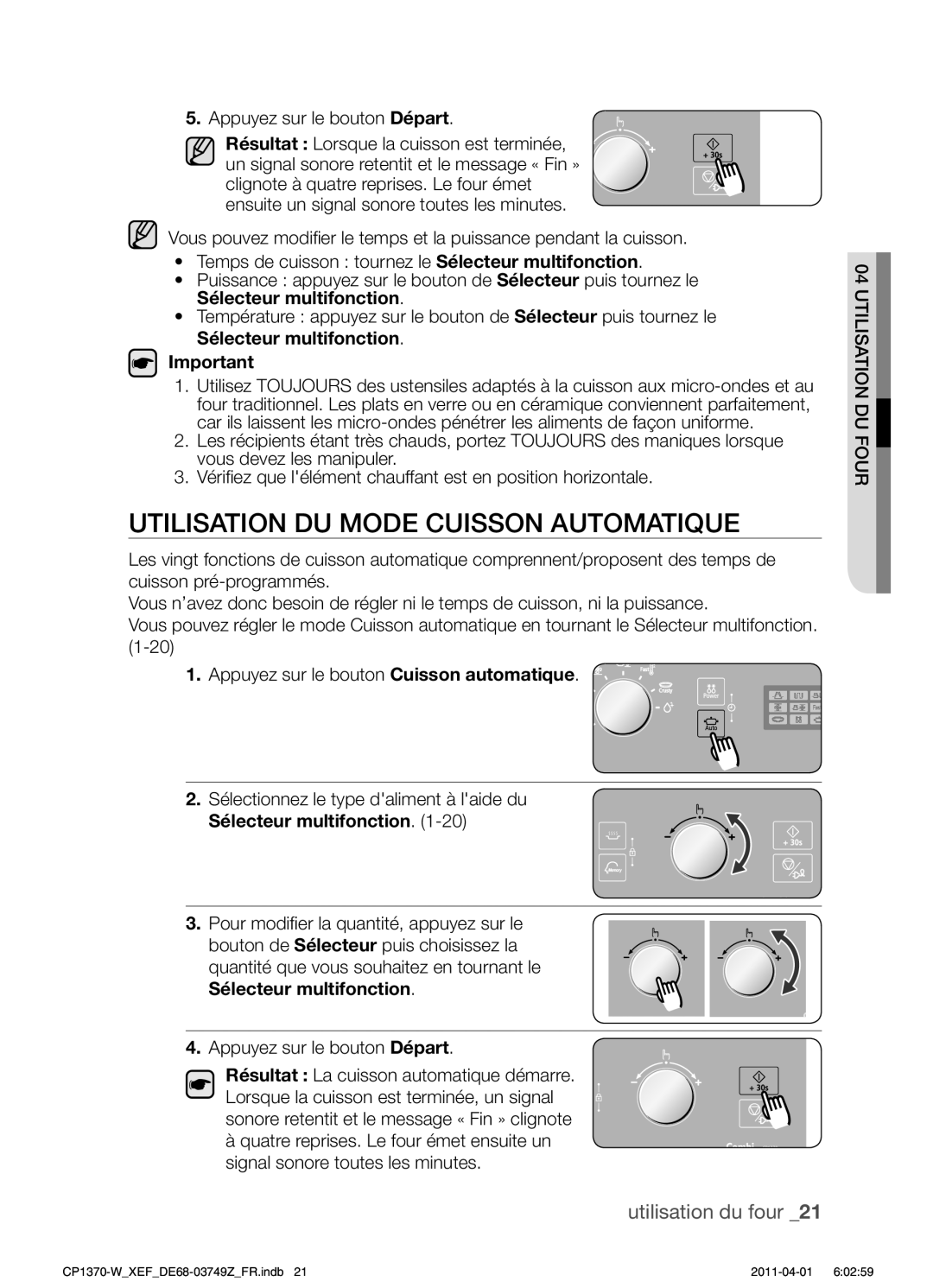 Samsung CP1370-W/XEF manual Utilisation DU Mode Cuisson Automatique 