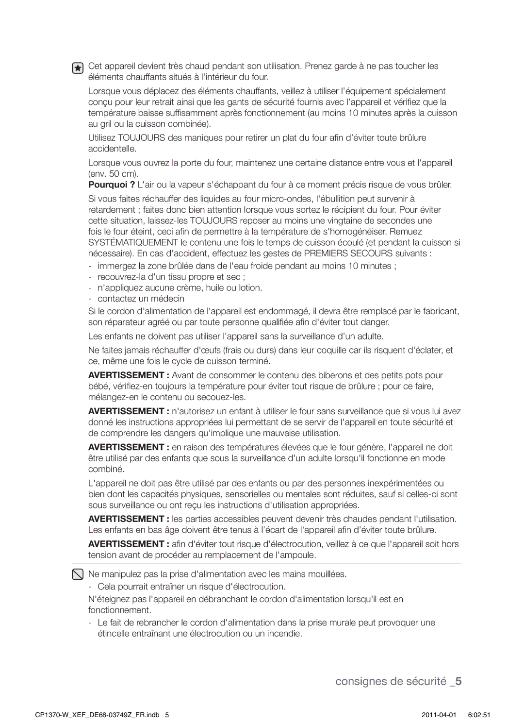 Samsung CP1370-W/XEF manual Consignes de sécurité 