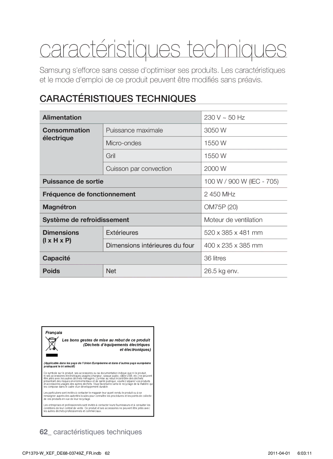 Samsung CP1370-W/XEF manual Caractéristiques Techniques 