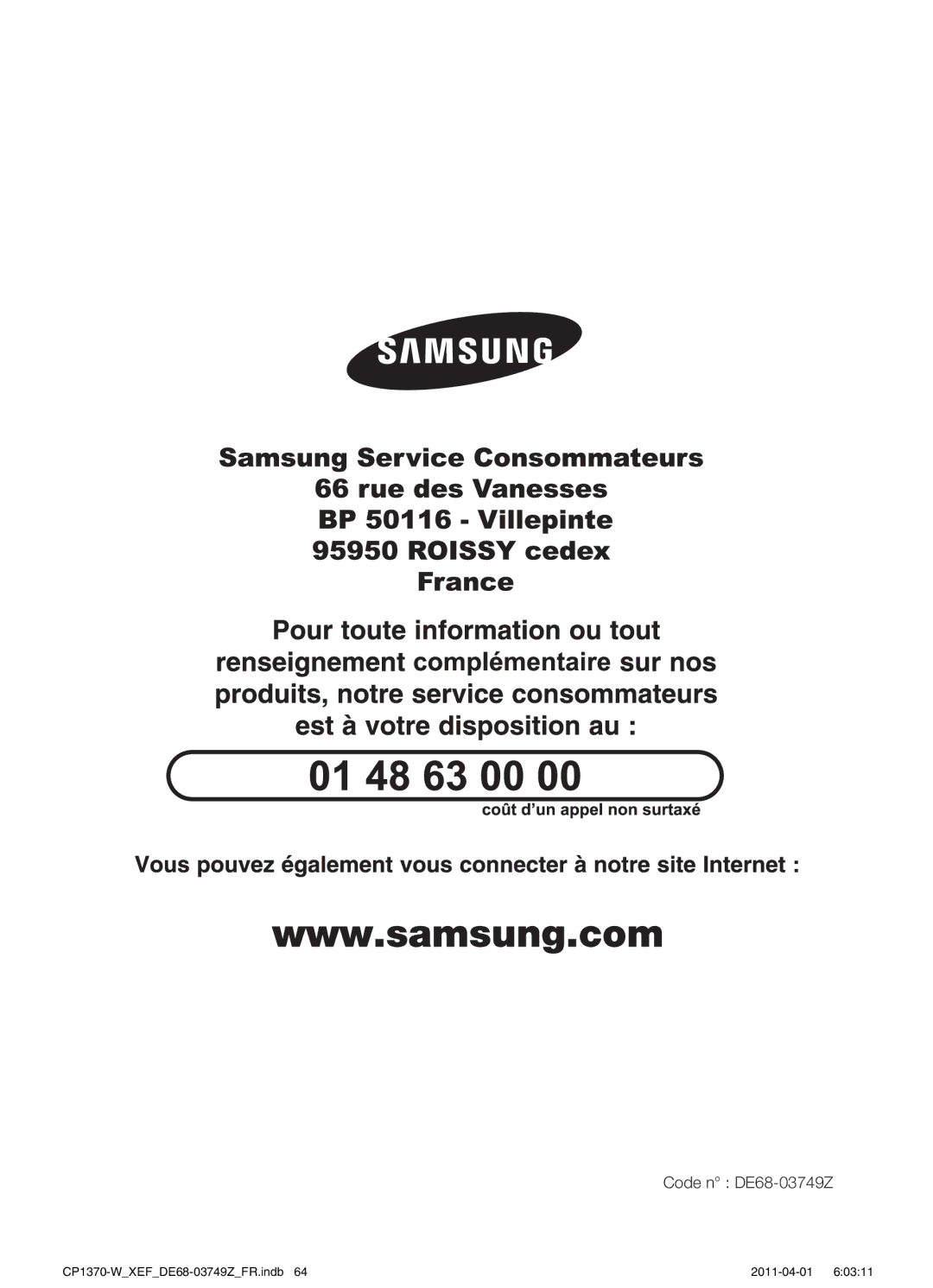 Samsung CP1370-W/XEF manual Code n DE68-03749Z 