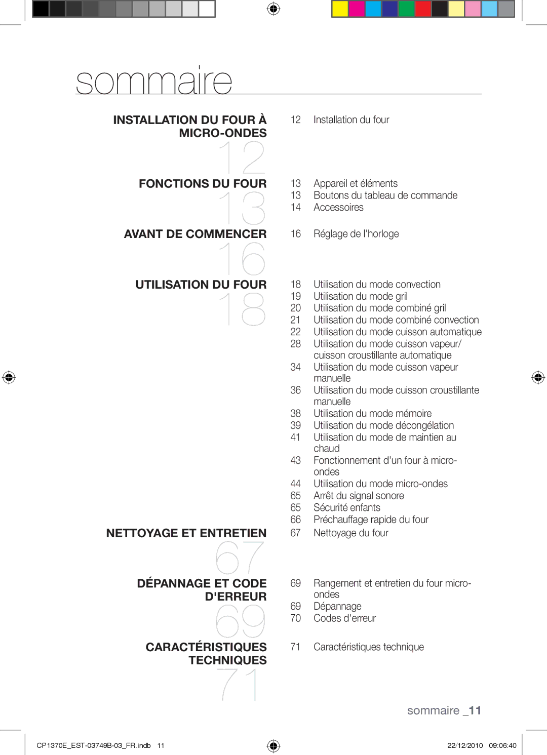 Samsung CP1370E-B/XEF manual Sommaire 