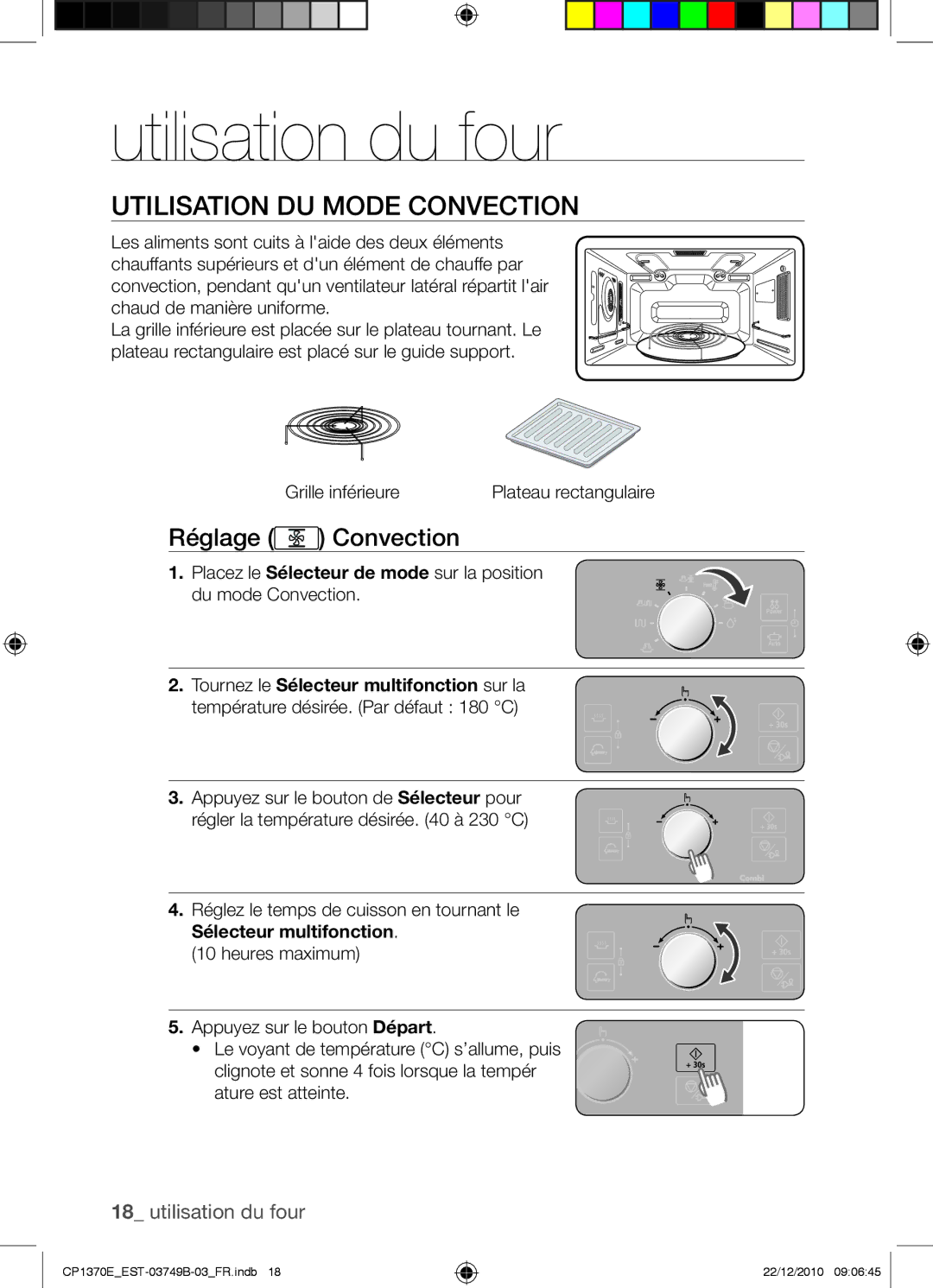 Samsung CP1370E-B/XEF manual Utilisation du mode convection, Réglage Convection, Sélecteur multifonction heures maximum 