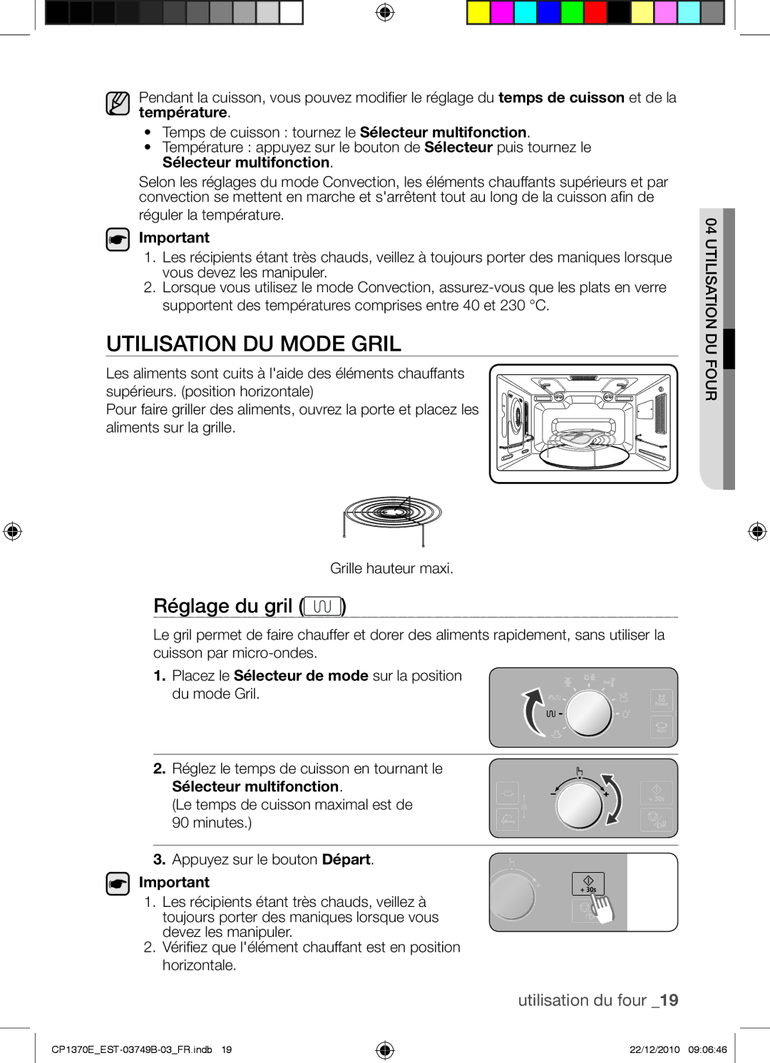 Samsung CP1370E-B/XEF Utilisation du mode gril, Réglage du gril, Placez le Sélecteur de mode sur la position du mode Gril 