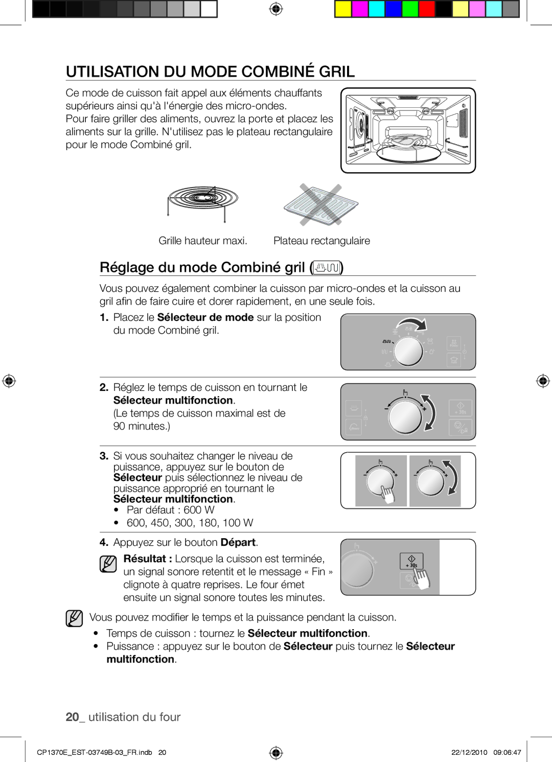 Samsung CP1370E-B/XEF manual Utilisation du mode combiné gril, Réglage du mode Combiné gril 