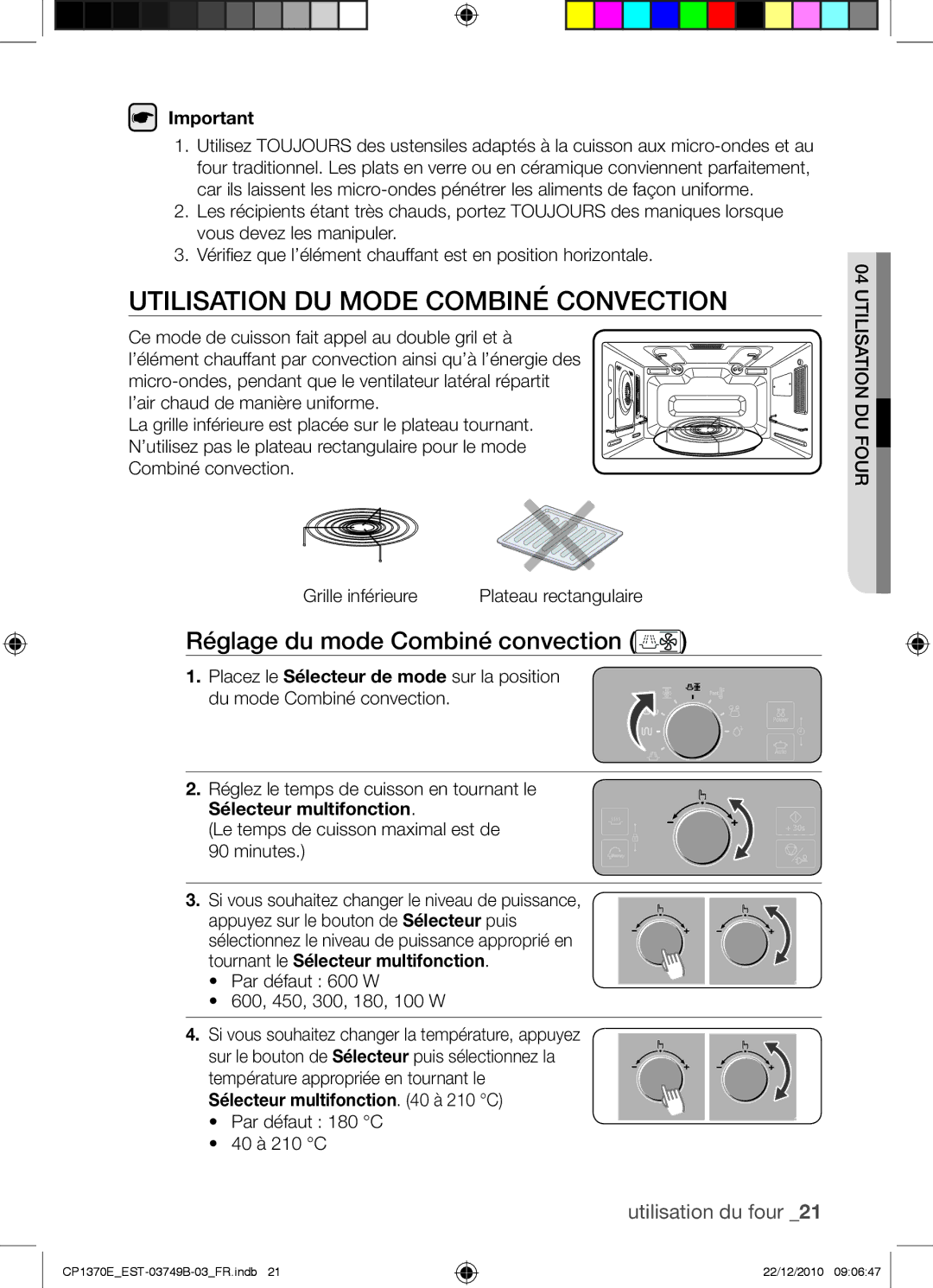 Samsung CP1370E-B/XEF manual Utilisation du mode combiné convection, Réglage du mode Combiné convection 