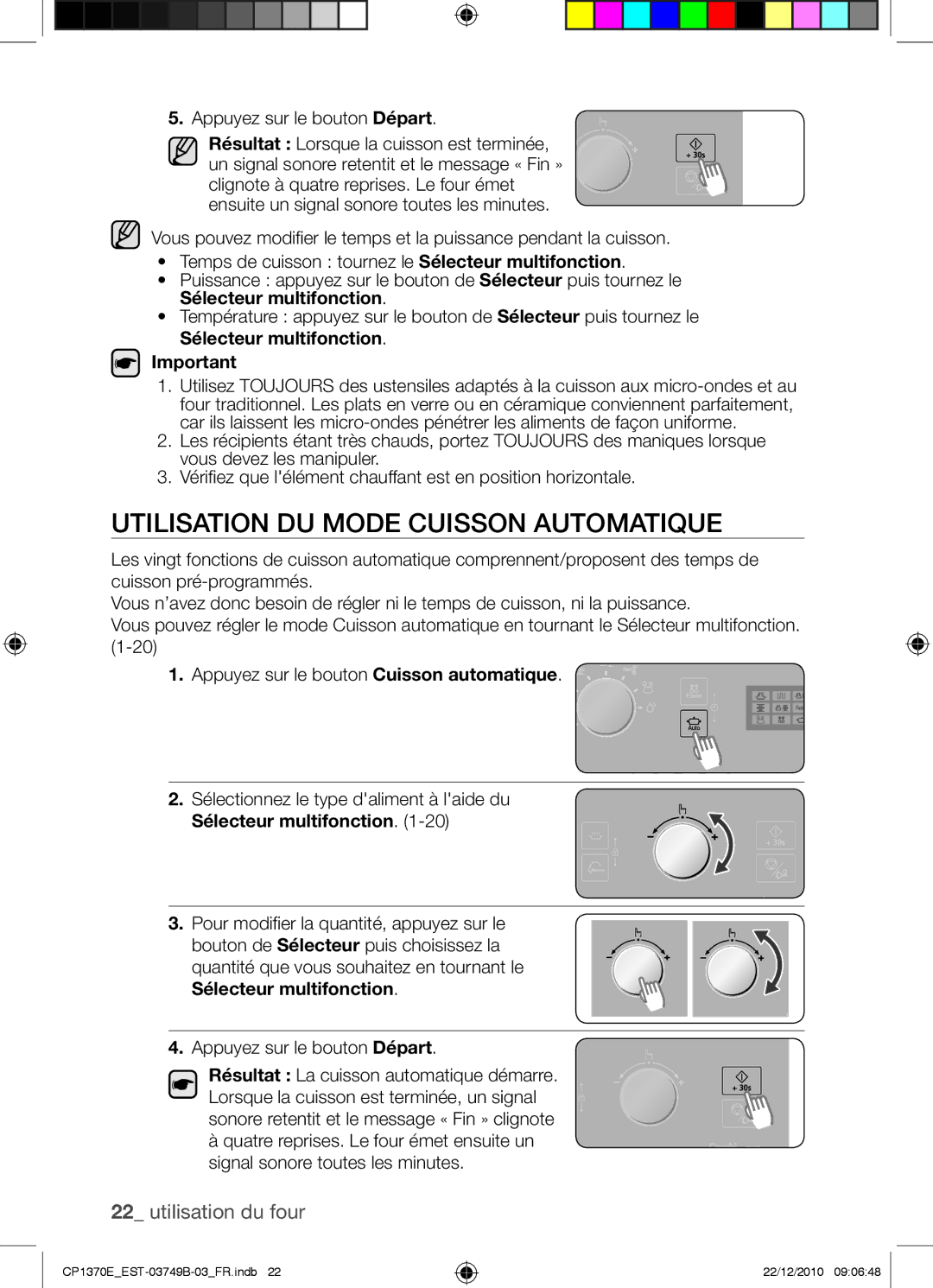 Samsung CP1370E-B/XEF manual Utilisation du mode cuisson automatique 