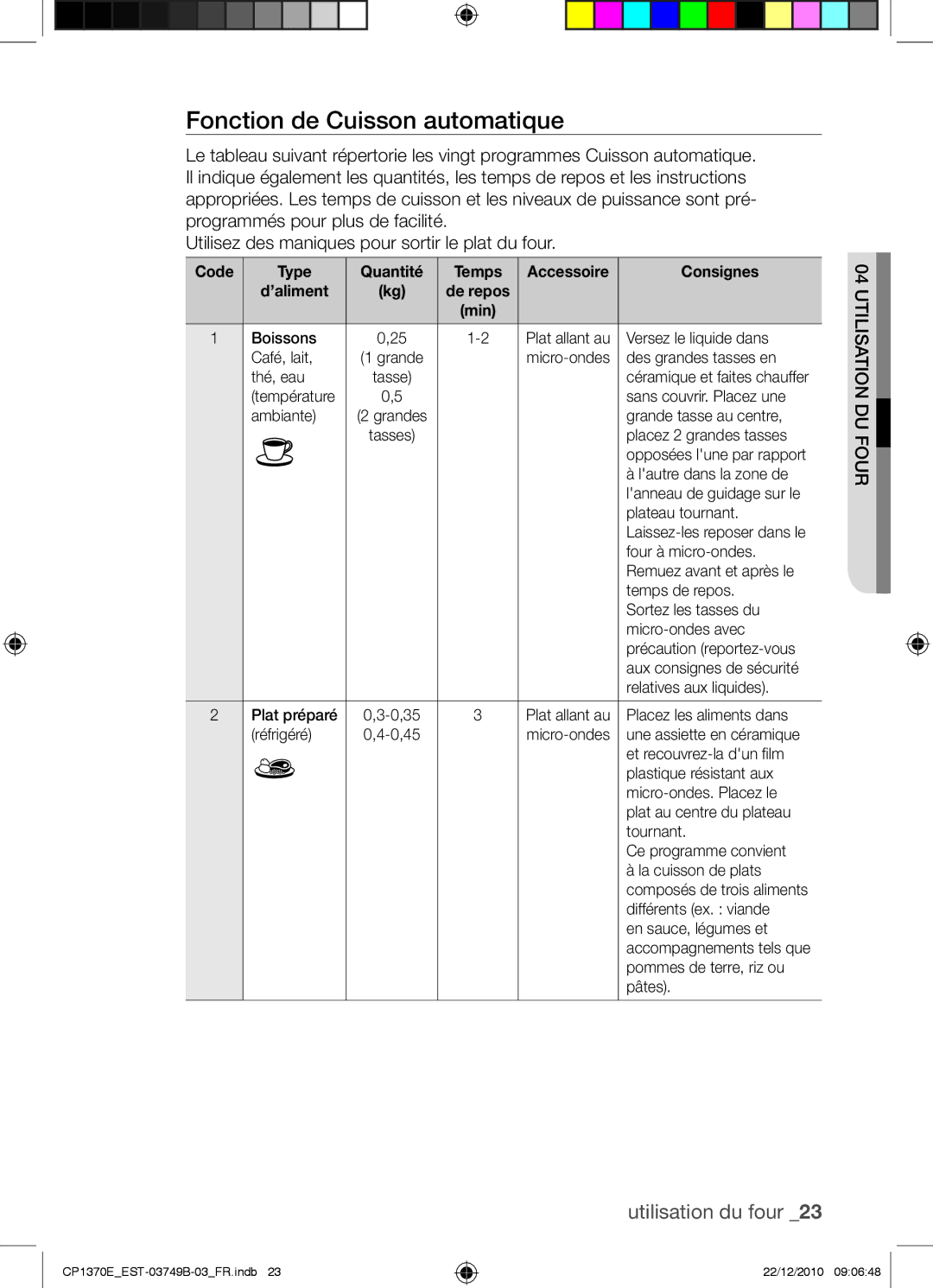 Samsung CP1370E-B/XEF manual Fonction de Cuisson automatique, Code Type Quantité Temps, Consignes, ’aliment 