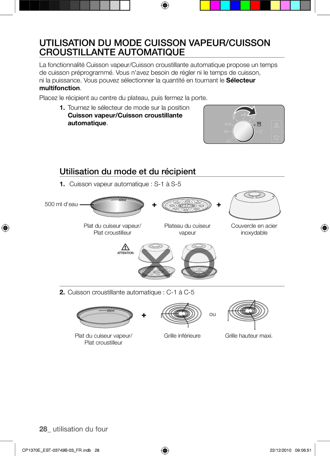 Samsung CP1370E-B/XEF manual Utilisation du mode et du récipient, Cuisson vapeur/Cuisson croustillante automatique, Ml deau 