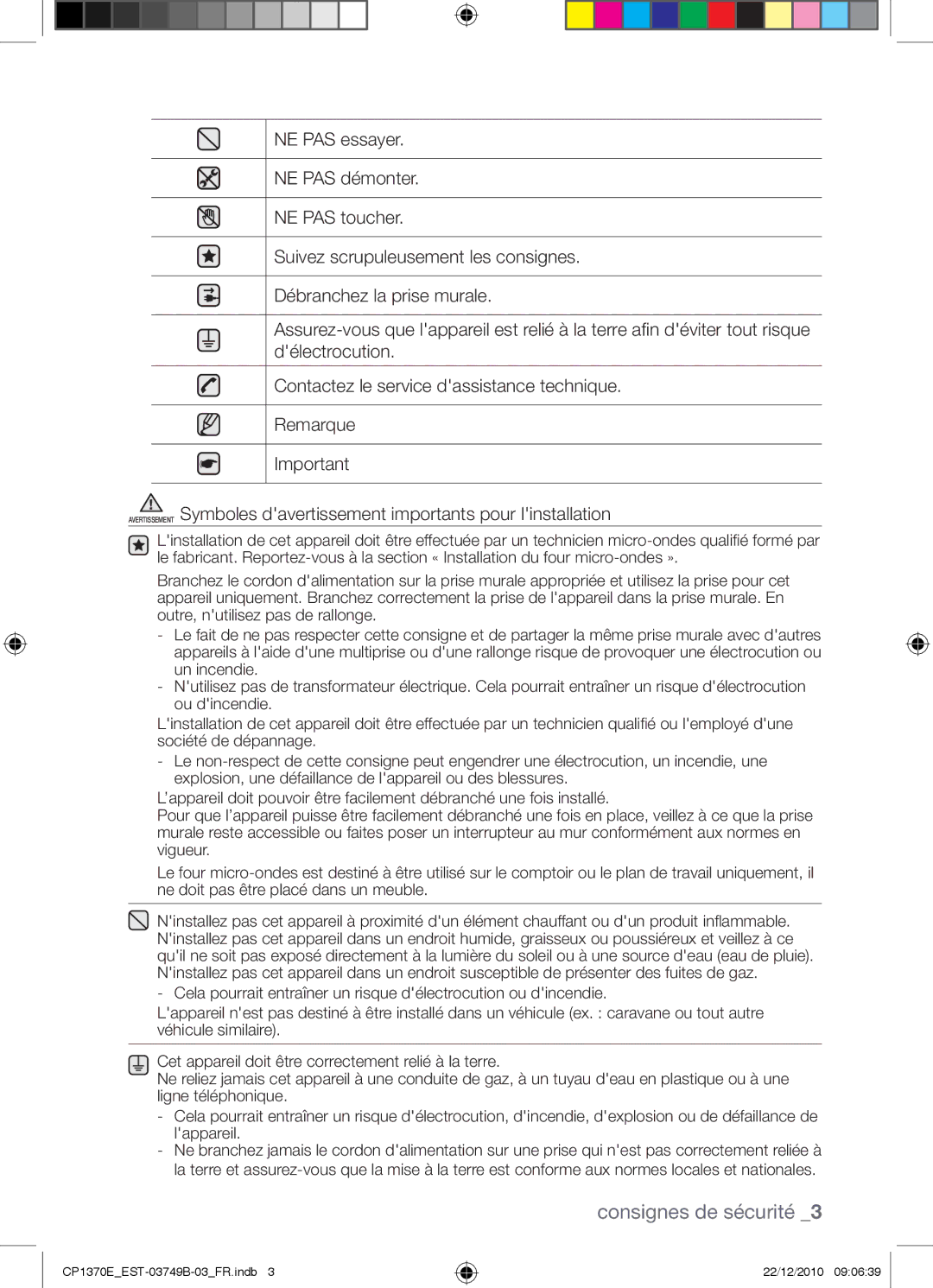 Samsung CP1370E-B/XEF manual Consignes de sécurité 