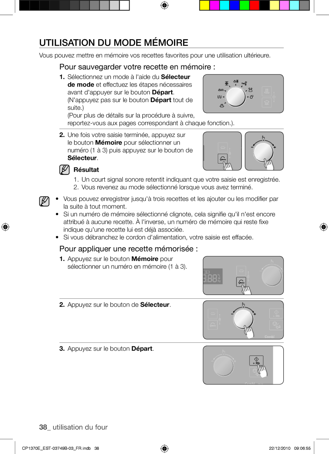 Samsung CP1370E-B/XEF manual Utilisation du mode mémoire, Pour sauvegarder votre recette en mémoire, Résultat 