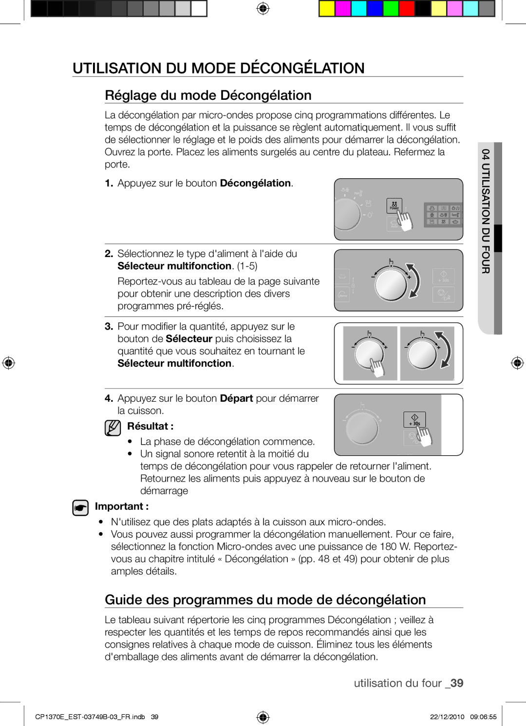 Samsung CP1370E-B/XEF manual Utilisation du mode décongélation, Réglage du mode Décongélation 