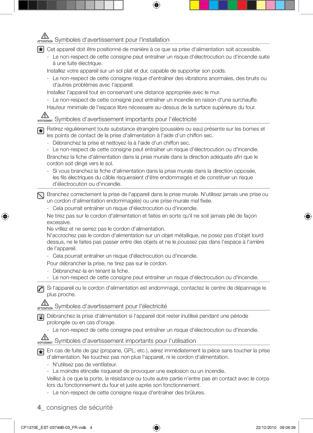 Samsung CP1370E-B/XEF manual Consignes de sécurité 