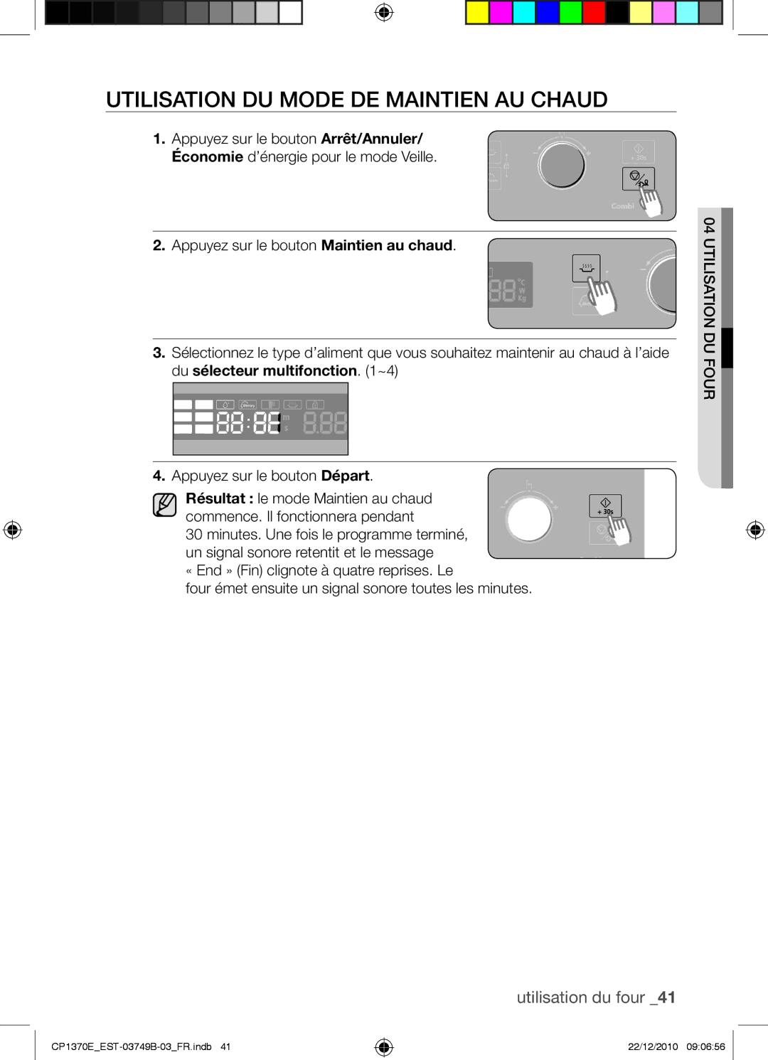 Samsung CP1370E-B/XEF manual Utilisation du mode de maintien au chaud 