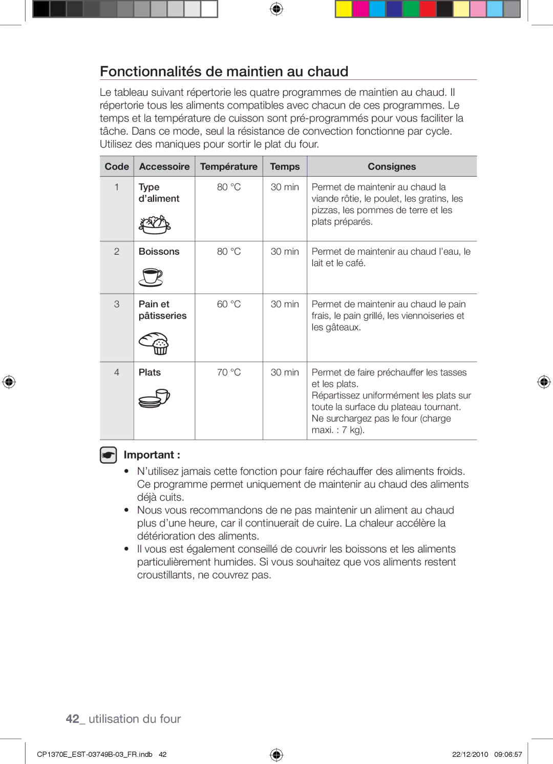 Samsung CP1370E-B/XEF manual Fonctionnalités de maintien au chaud, Accessoire, Temps Consignes 