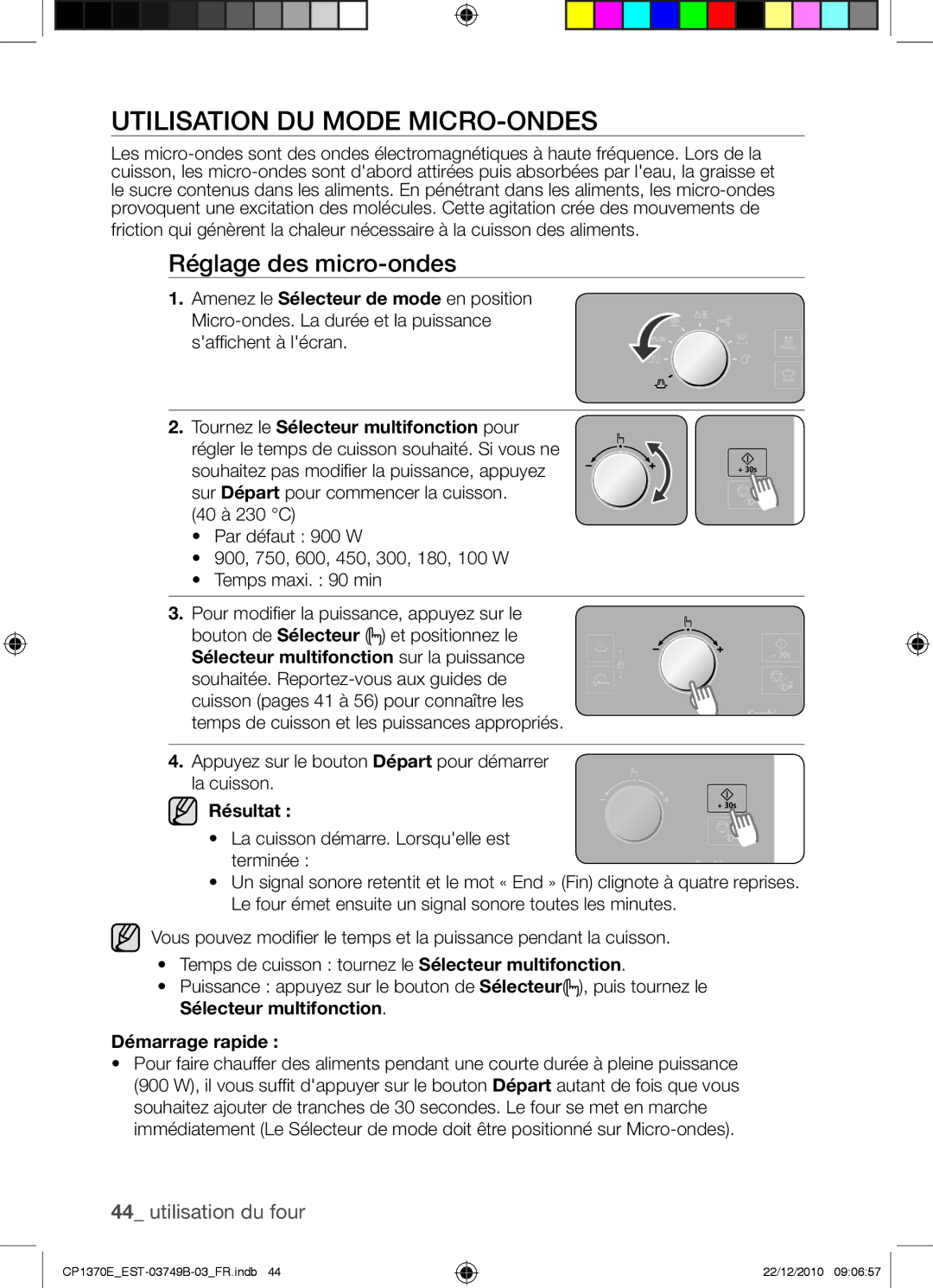 Samsung CP1370E-B/XEF manual Utilisation du mode micro-ondes, Réglage des micro-ondes, Démarrage rapide 