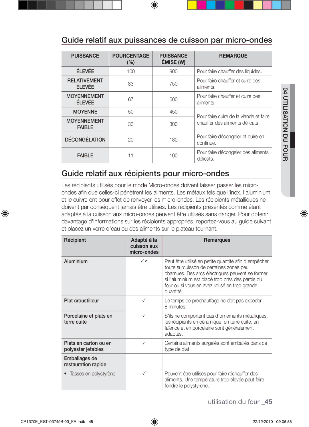 Samsung CP1370E-B/XEF manual Guide relatif aux puissances de cuisson par micro-ondes, Récipient Adapté à la Remarques 