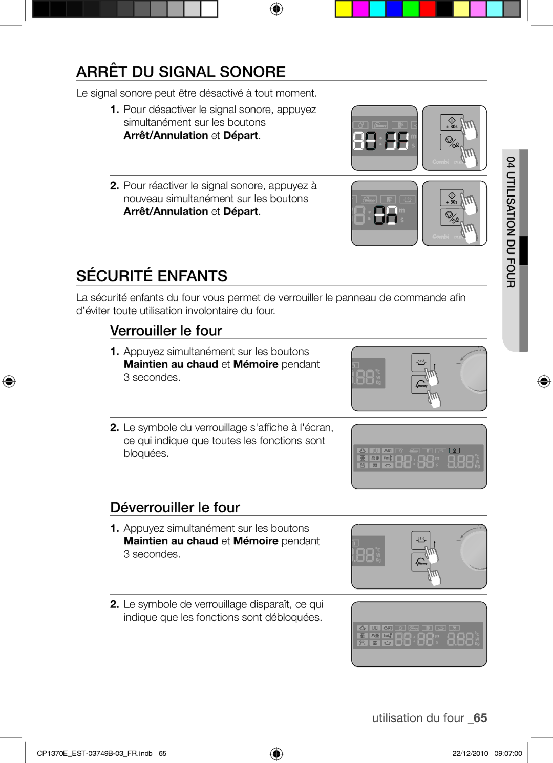 Samsung CP1370E-B/XEF manual Arrêt du signal sonore, Sécurité enfants, Verrouiller le four, Déverrouiller le four 